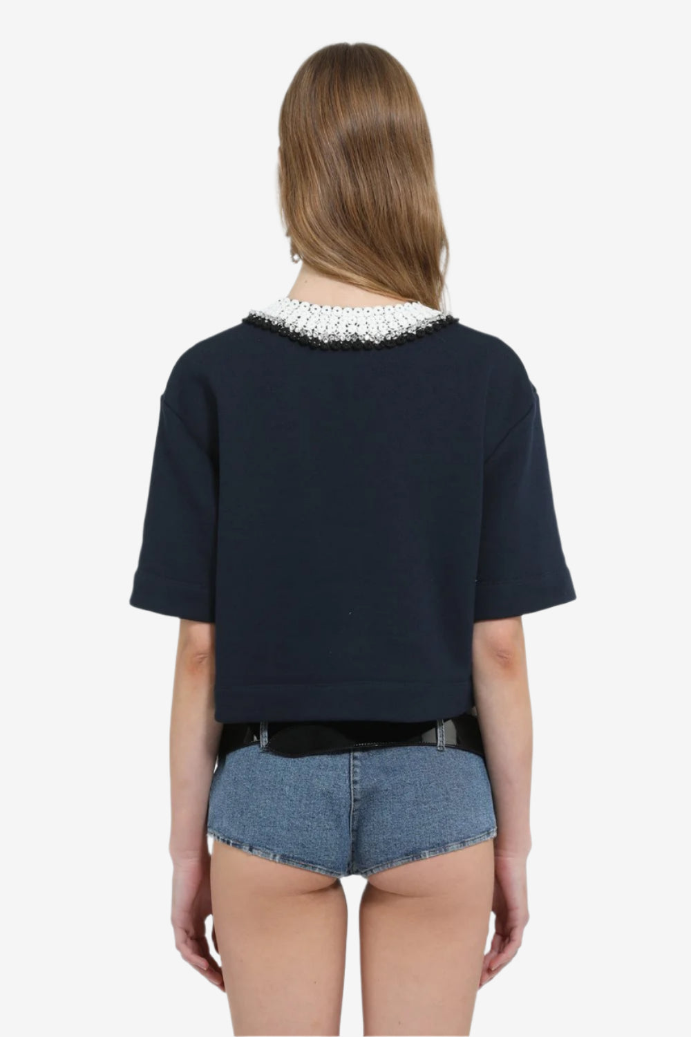 Crop polo with embroidered collar