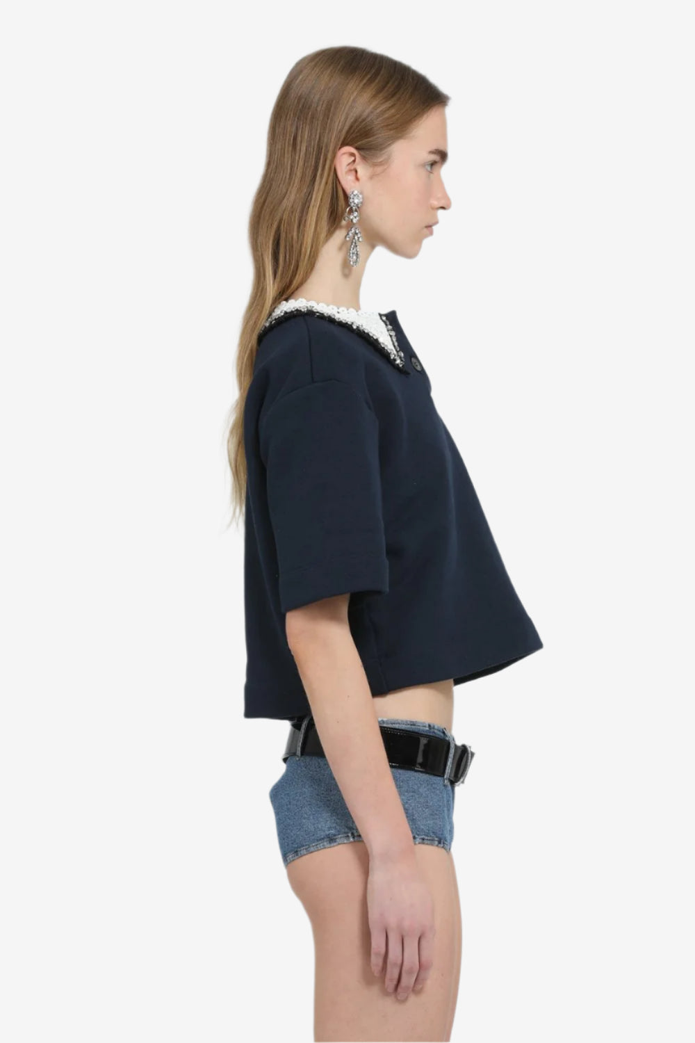 Crop polo with embroidered collar