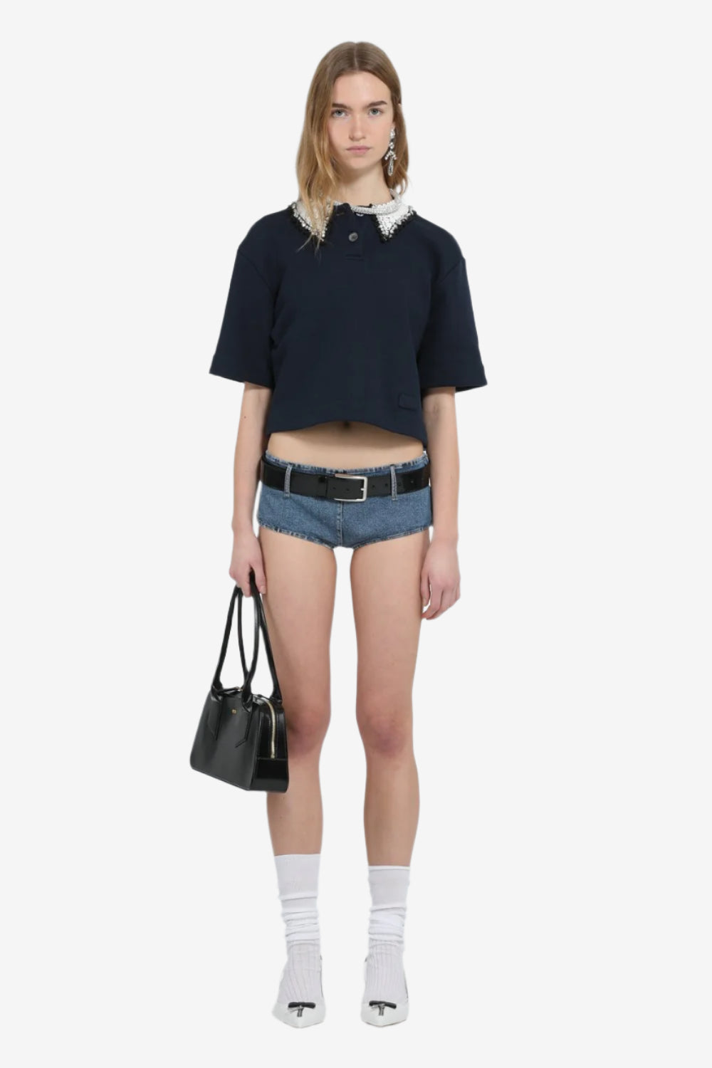 Crop polo with embroidered collar