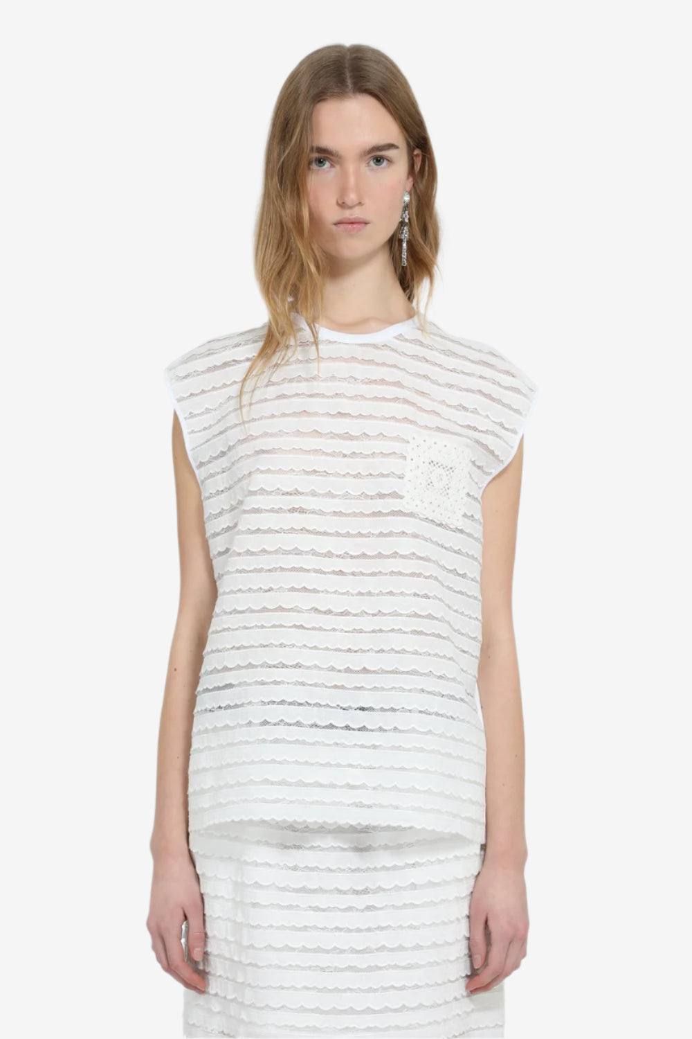 Semi-sheer top with lace ruffles