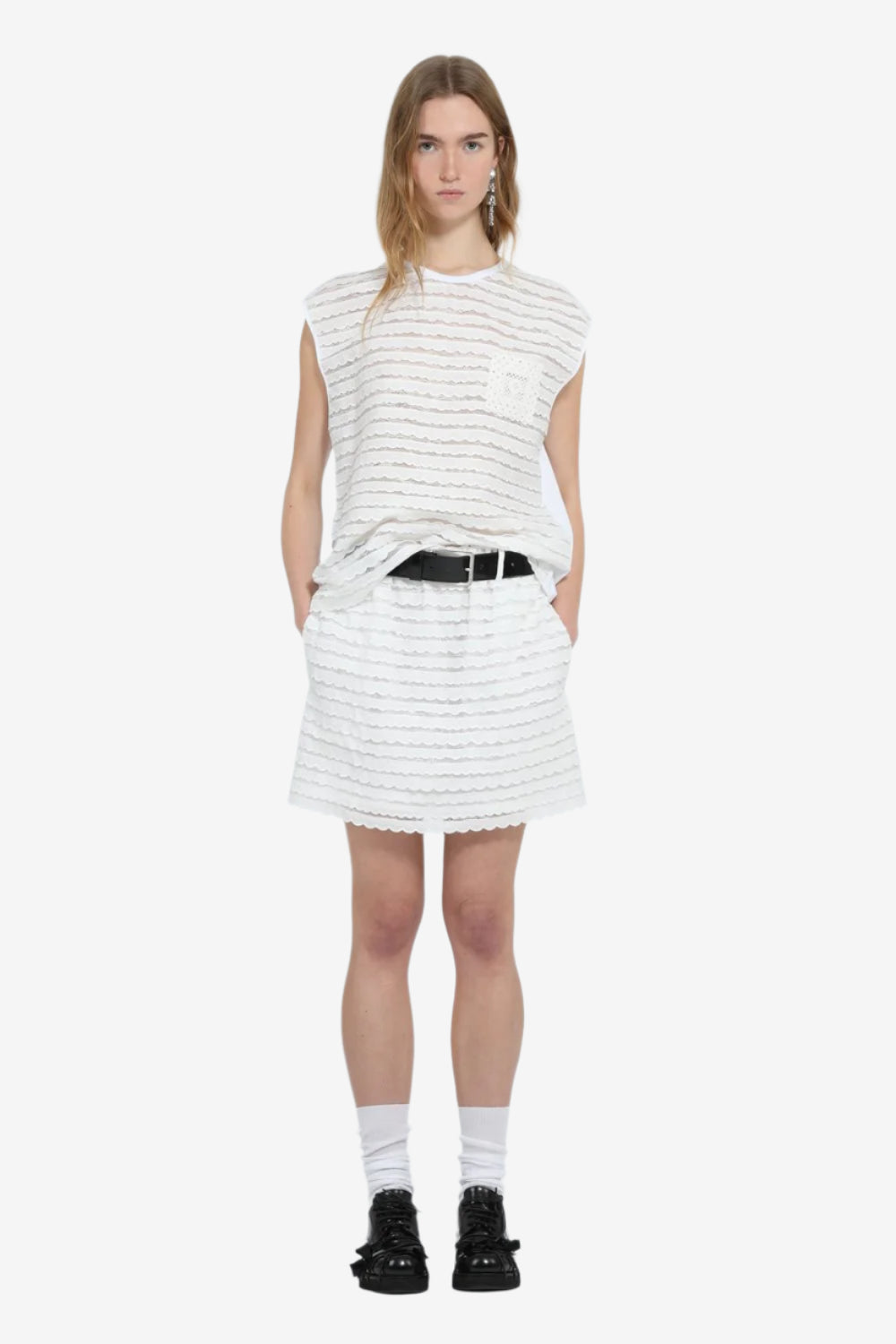 Semi-sheer top with lace ruffles