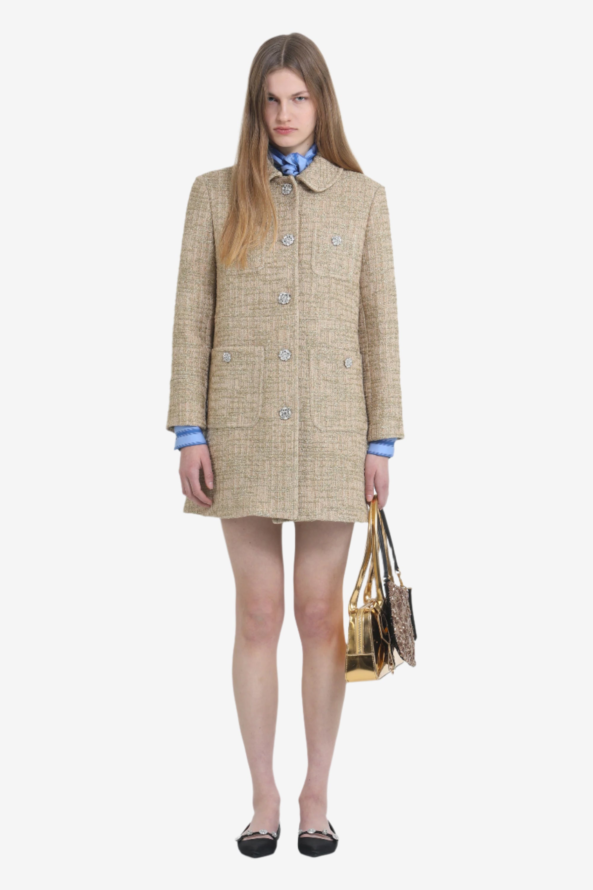Short coat with jewel buttons and rounded collar