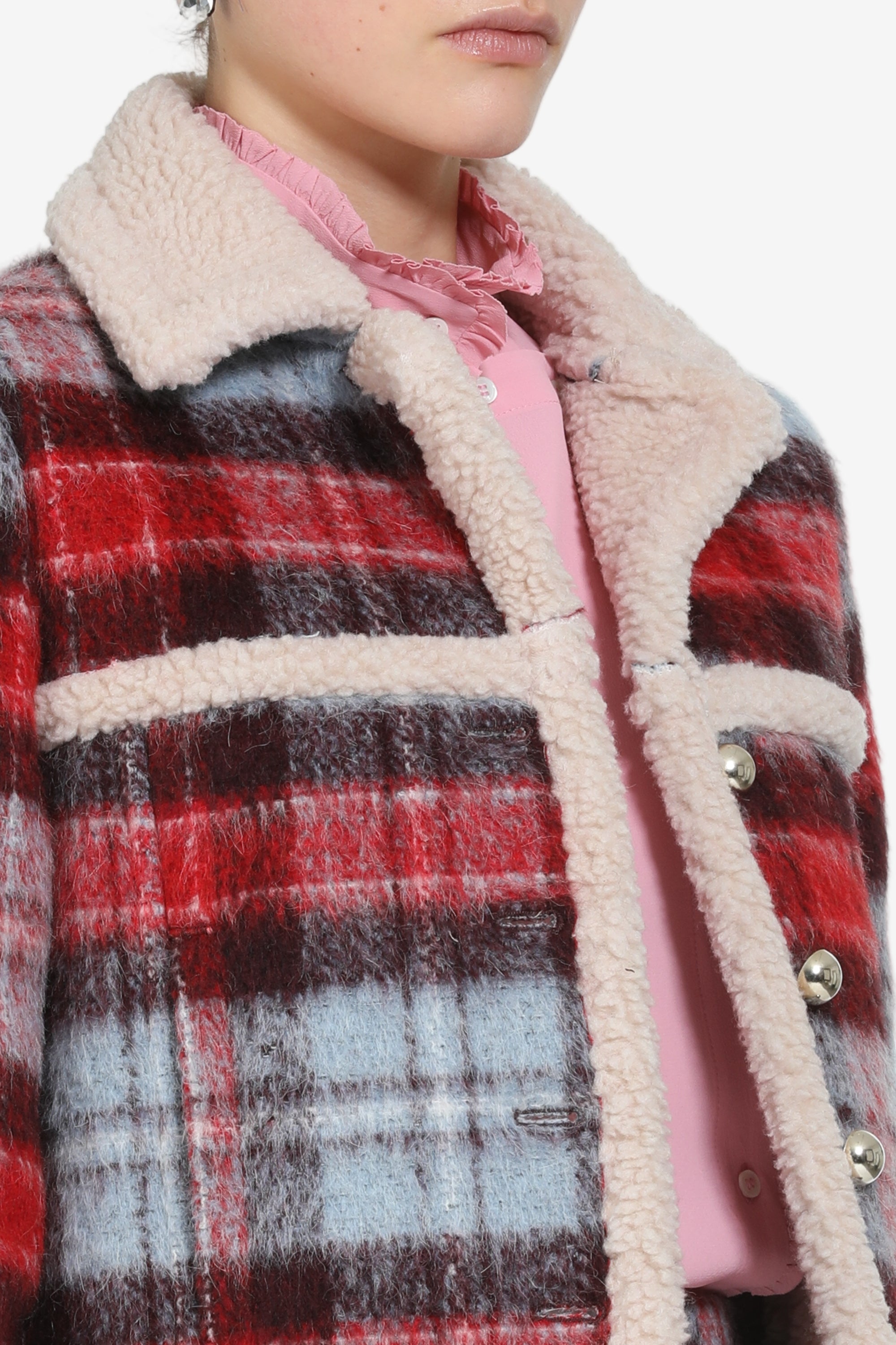 Checked jacket with eco-shearling trim