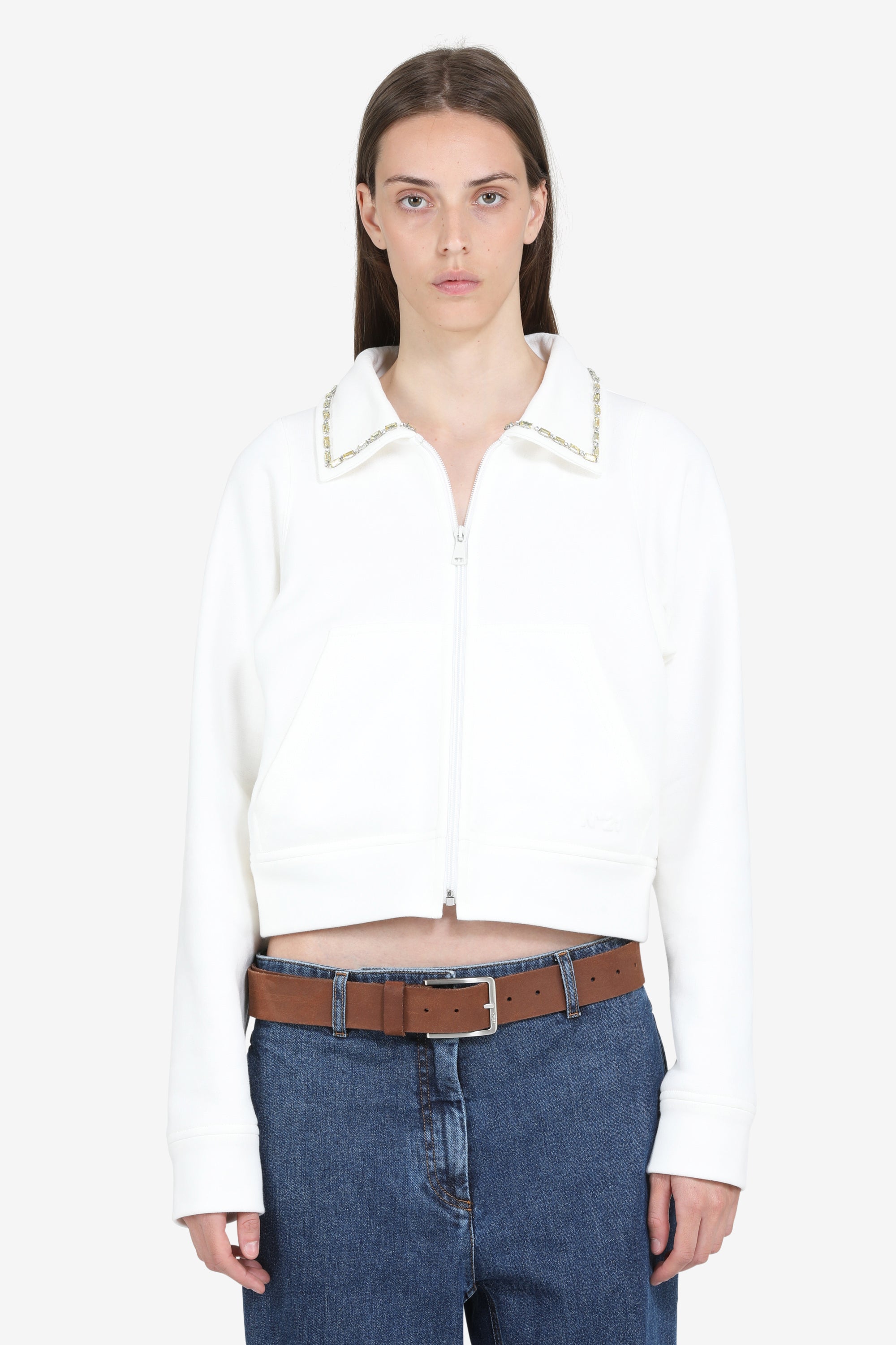 Bomber jacket with zip and crystals on the collar