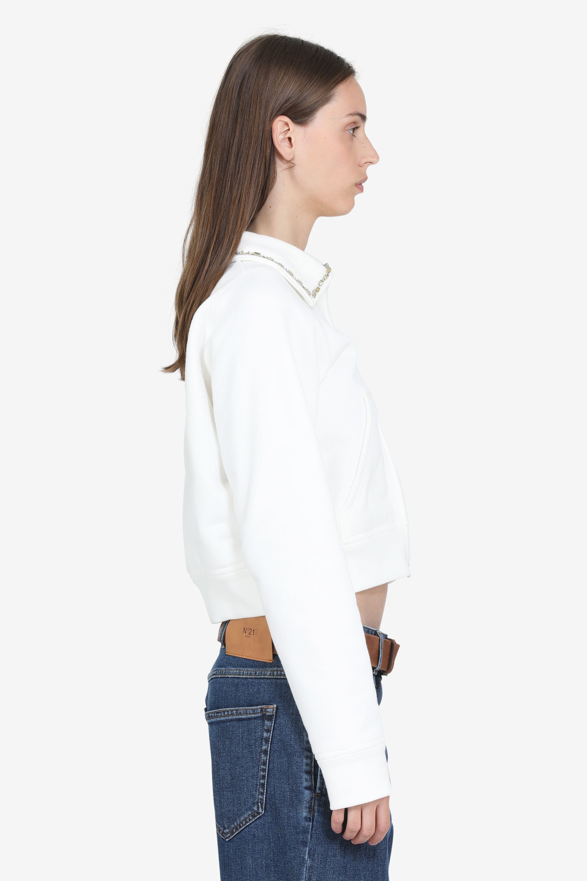 Bomber jacket with zip and crystals on the collar
