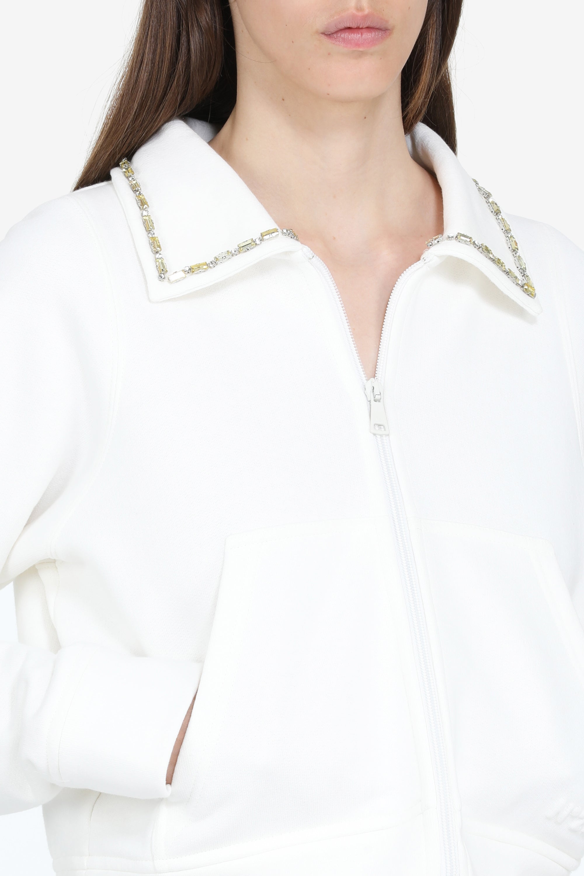 Bomber jacket with zip and crystals on the collar