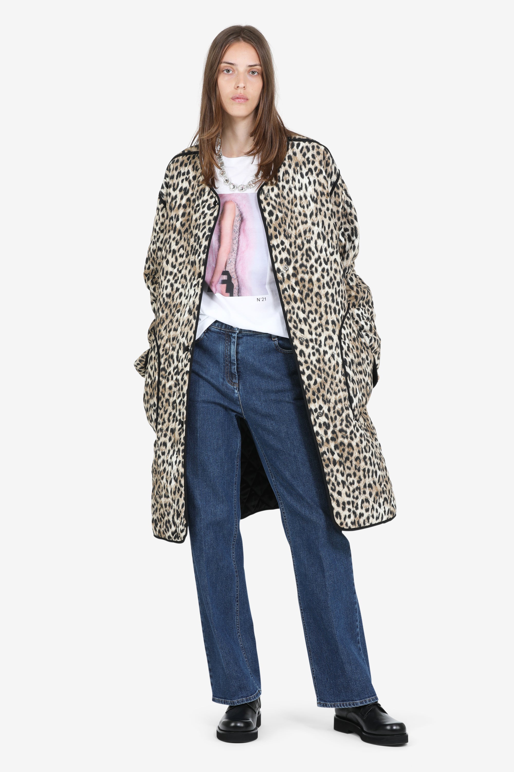 Long leopard-print double-faced parka