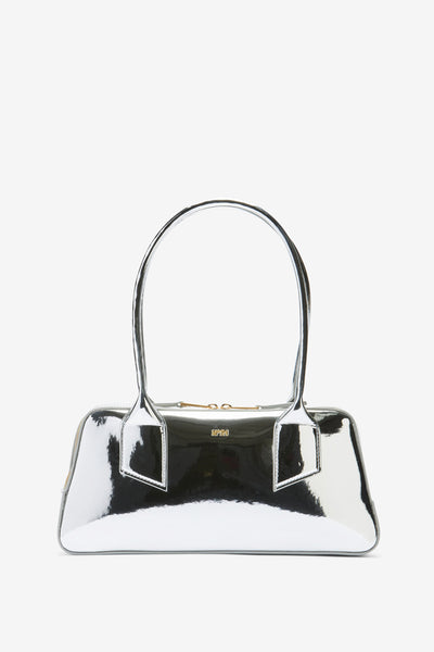 circle shoulder bag／silver Metallic Silver Shoulder Bag, Genuine Leather Handbag, Top