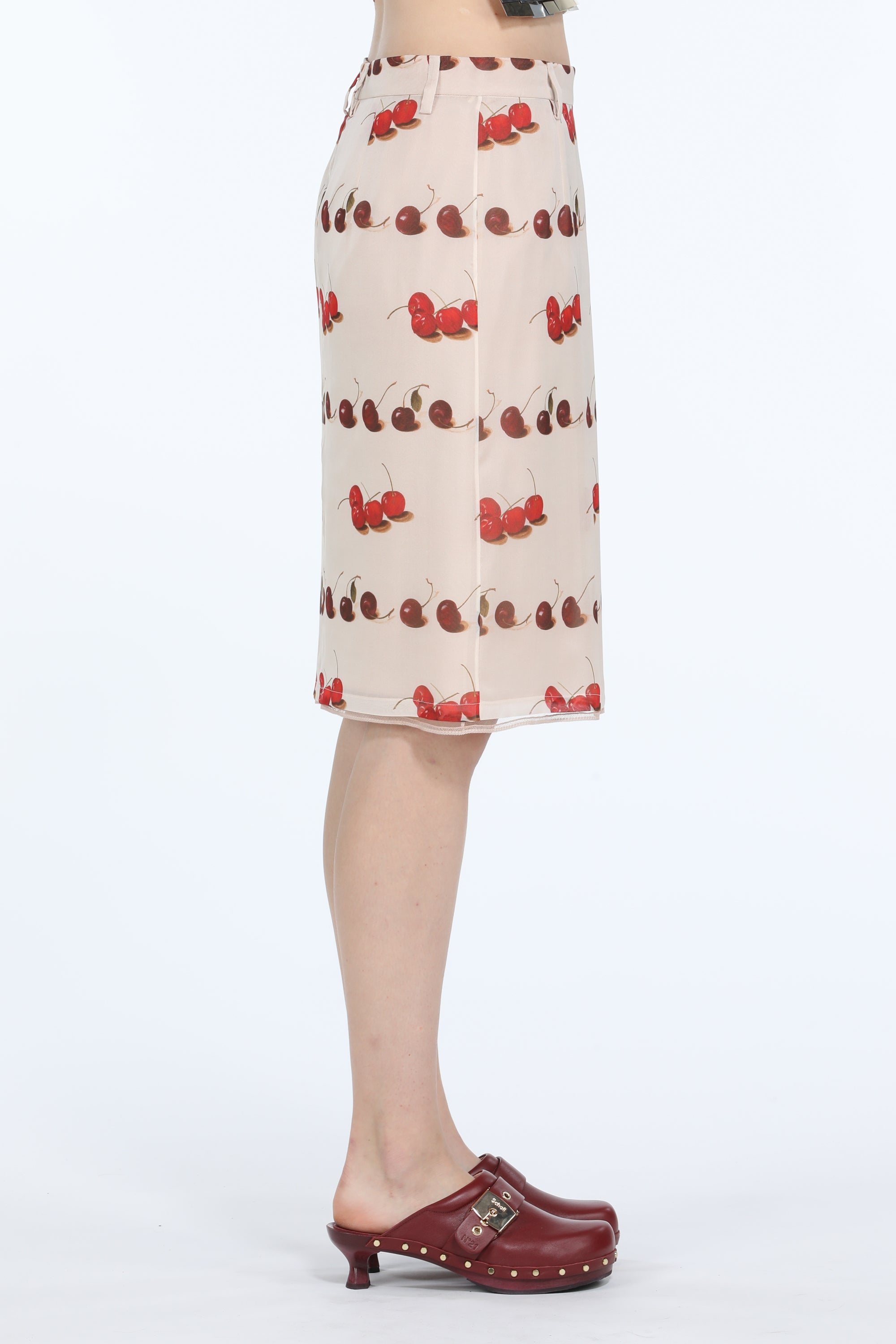 Cherry-Print Silk Midi Skirt