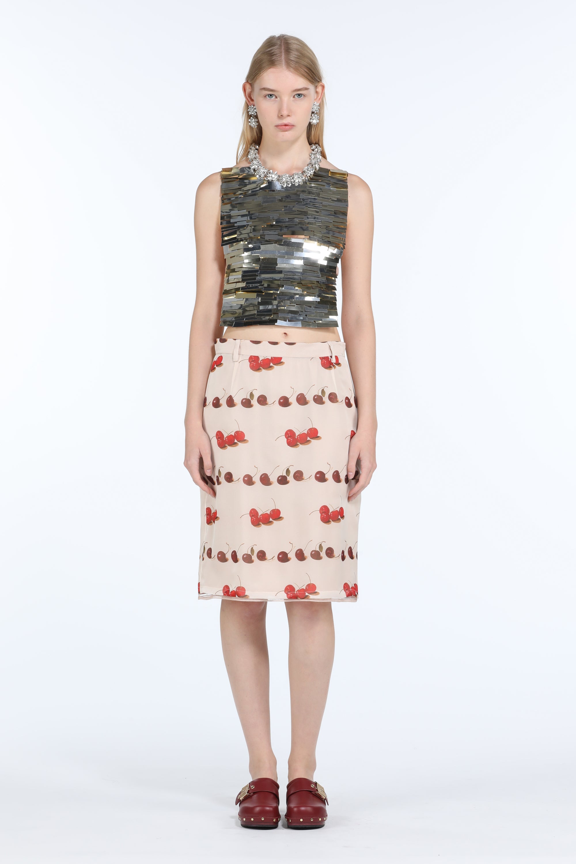 Cherry-Print Silk Midi Skirt