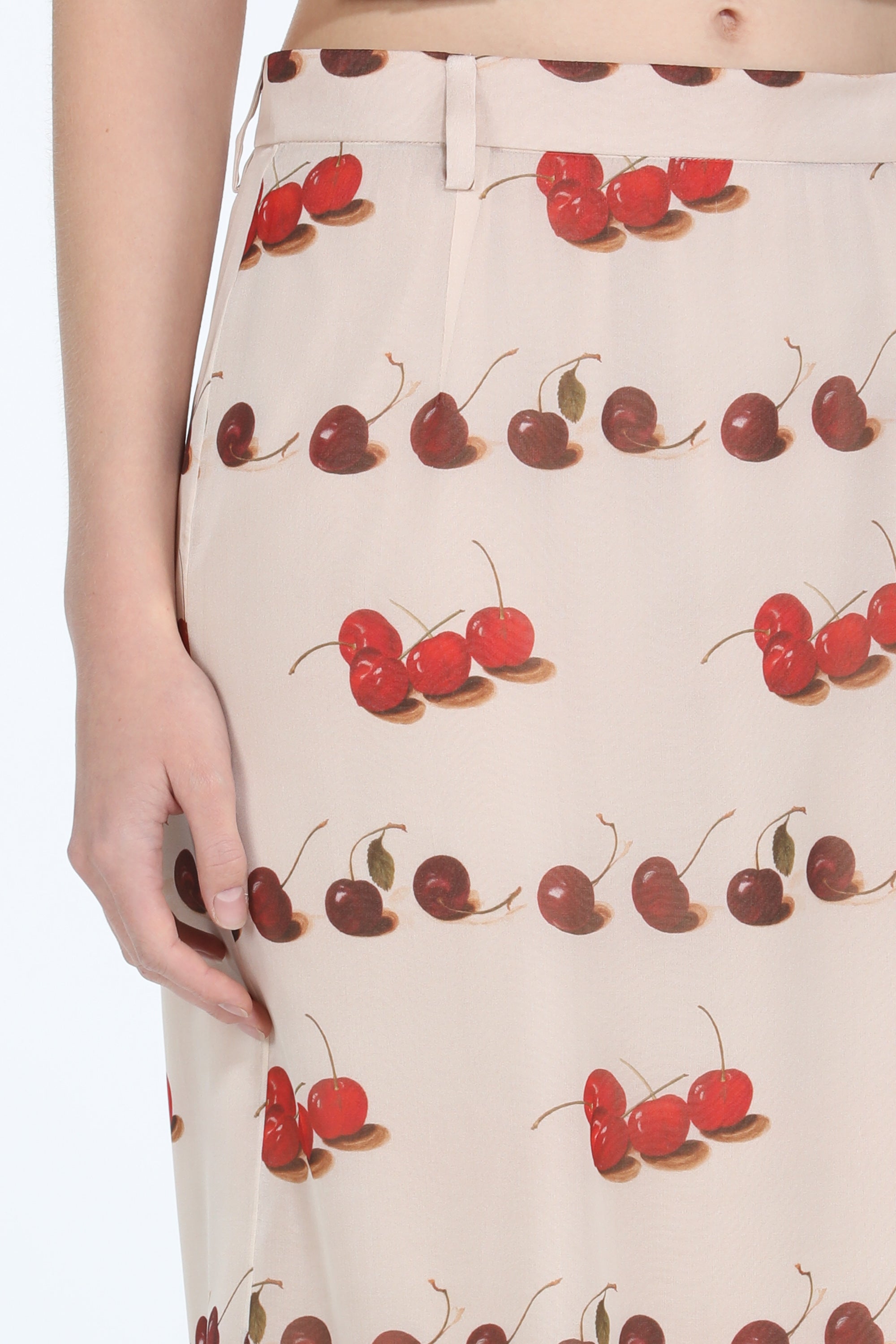 Cherry-Print Silk Midi Skirt