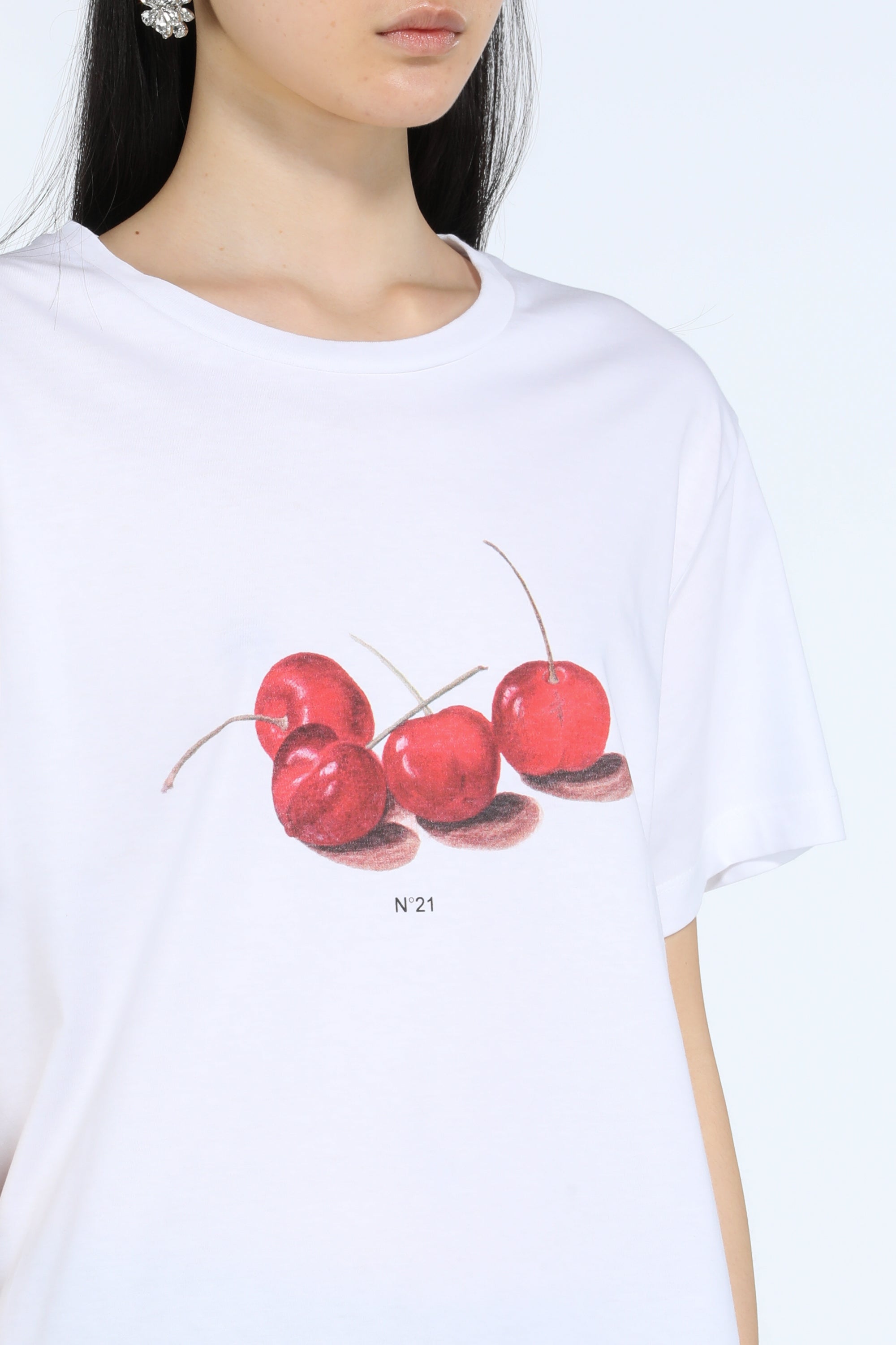 Cherry-Print Cotton Jersey T-Shirt Optic White | N21