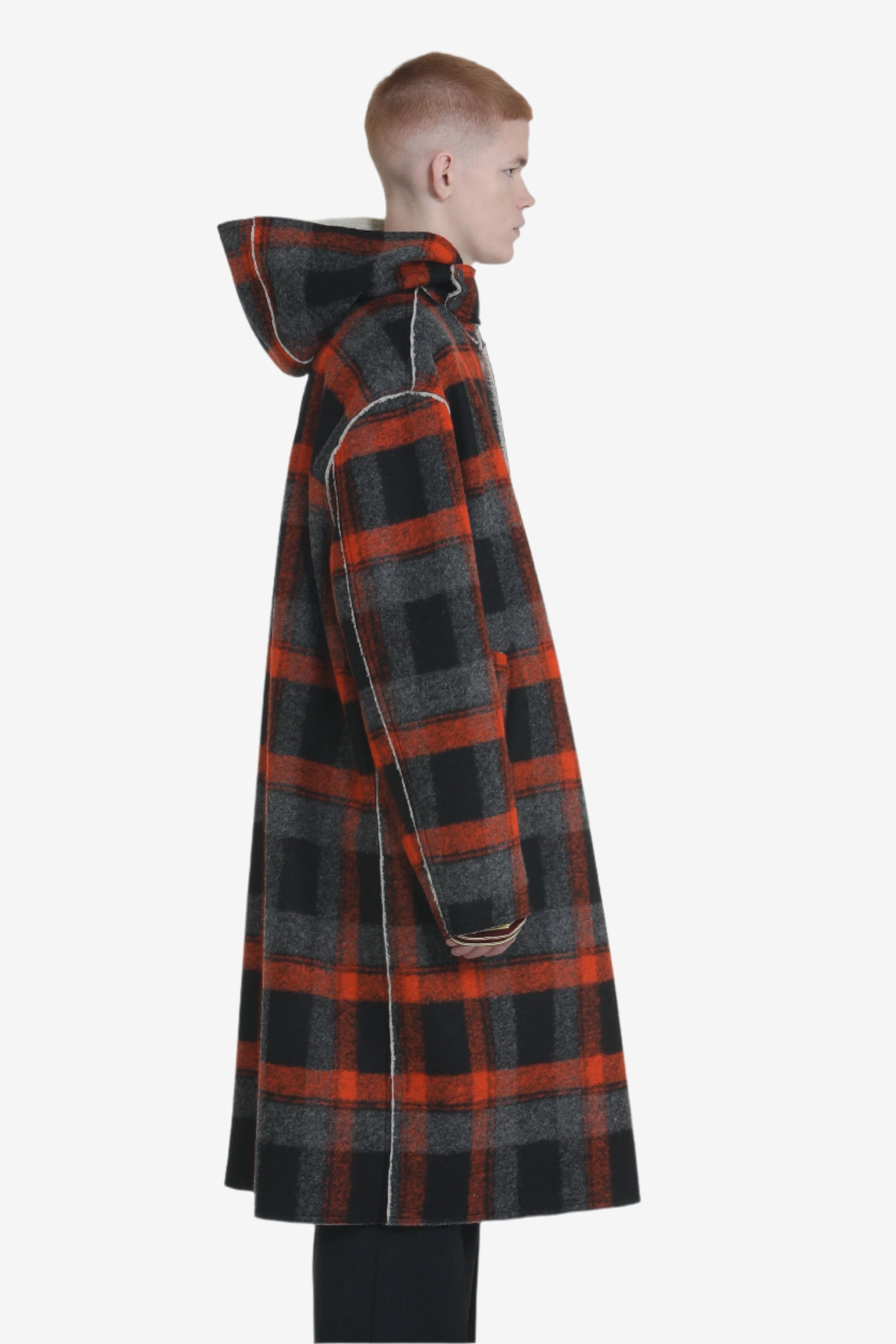 Cappotto lungo a quadri con cappuccio