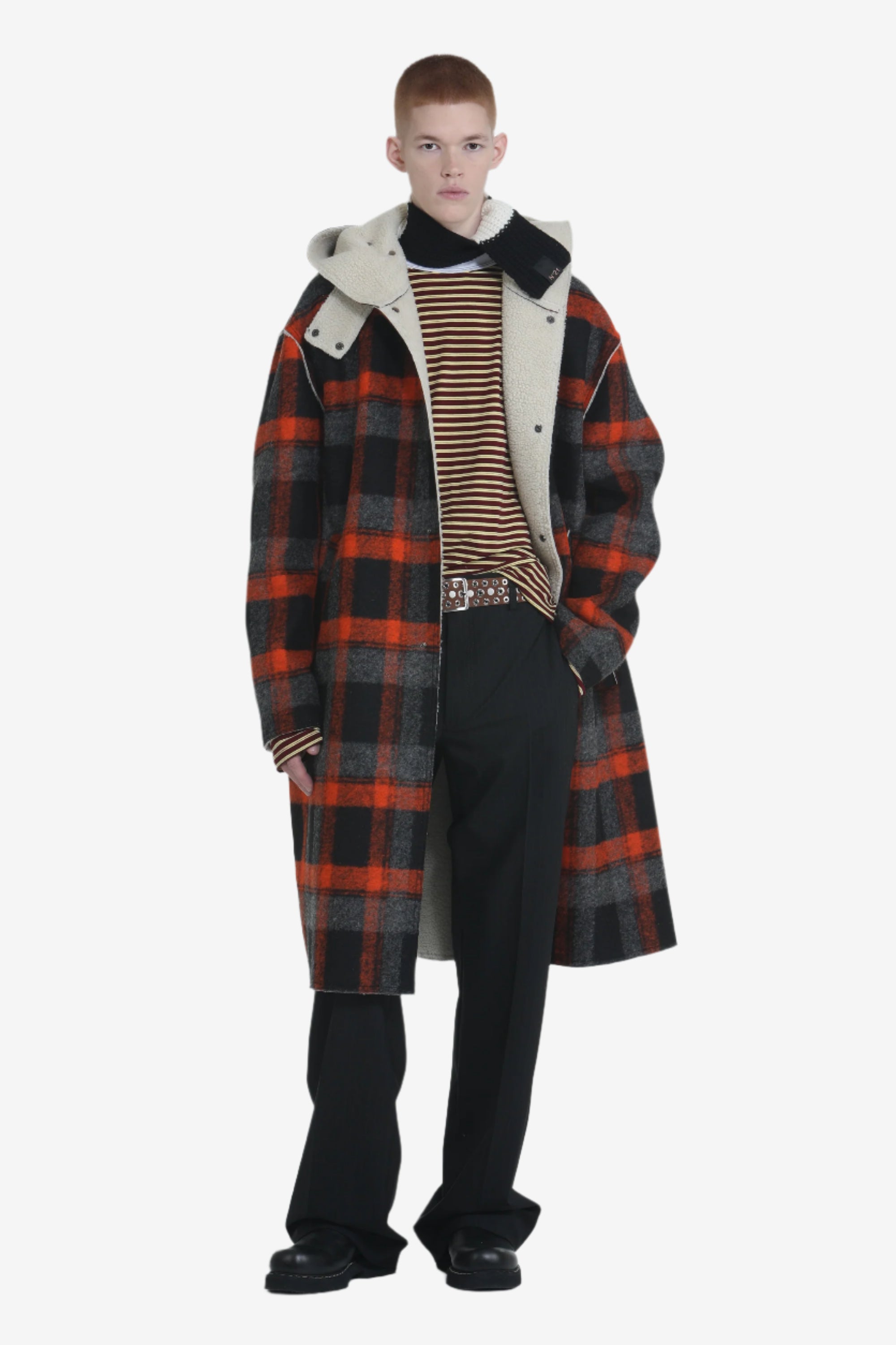 Cappotto lungo a quadri con cappuccio