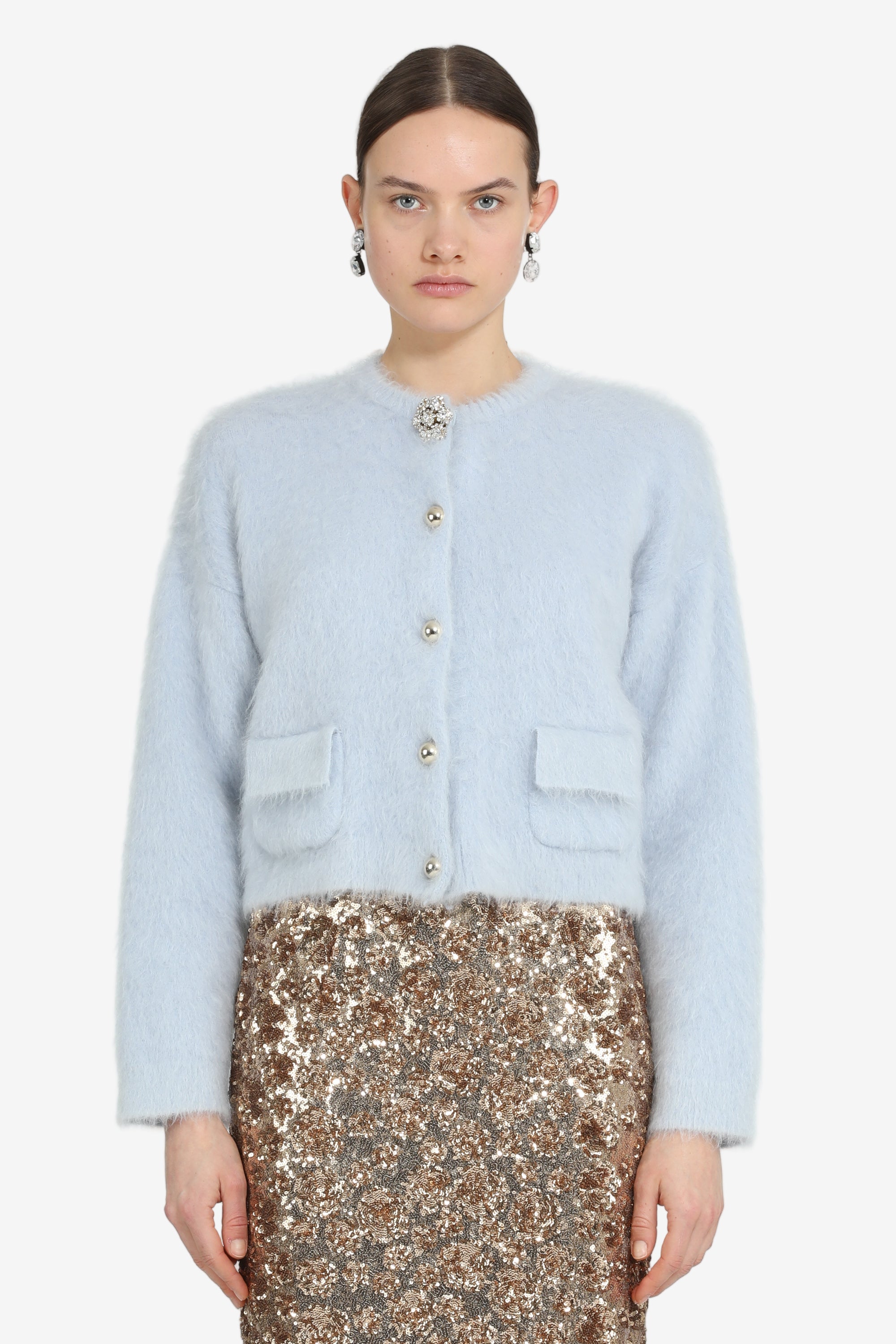 Cardigan girocollo con bottoni gioiello