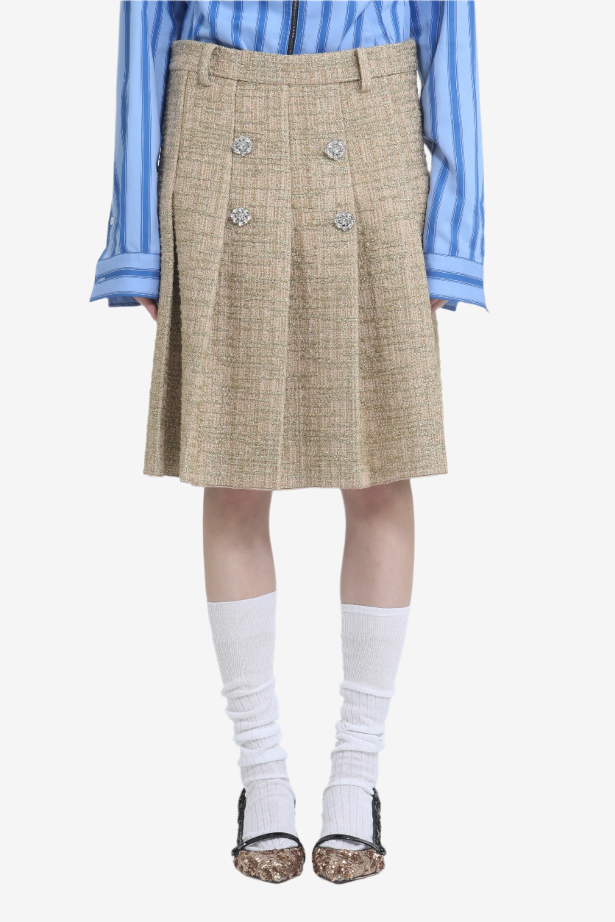Pleated skirt with belt loops and jewel buttons