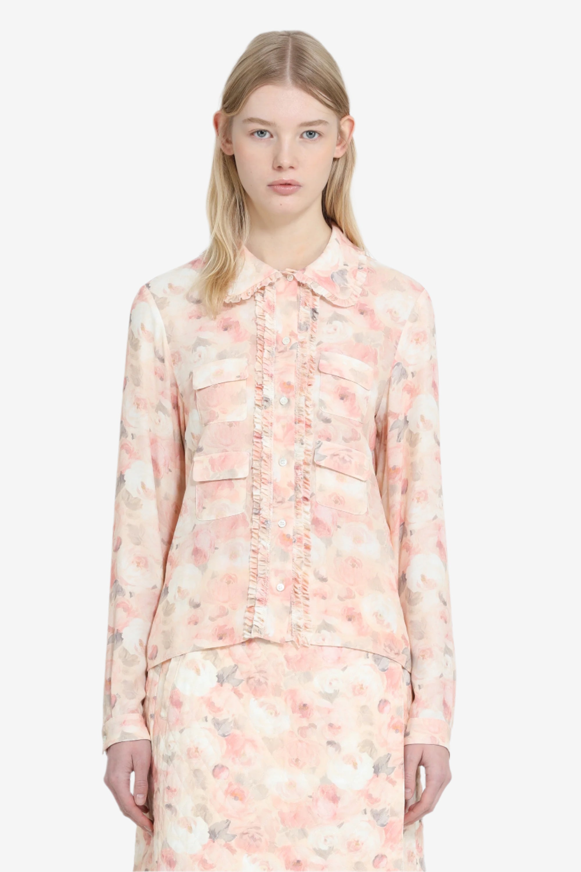 Camicia a fiori con mini rouches e taschine