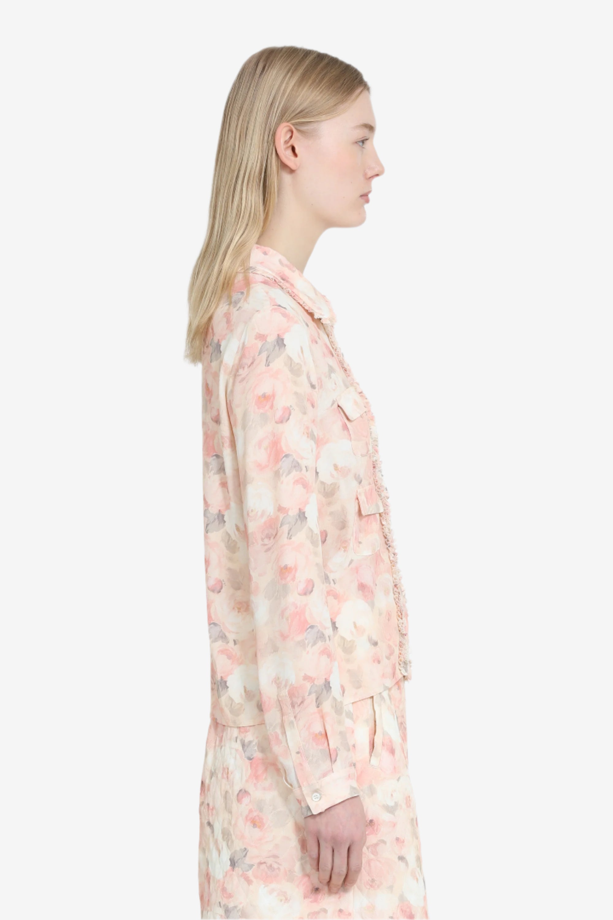Camicia a fiori con mini rouches e taschine