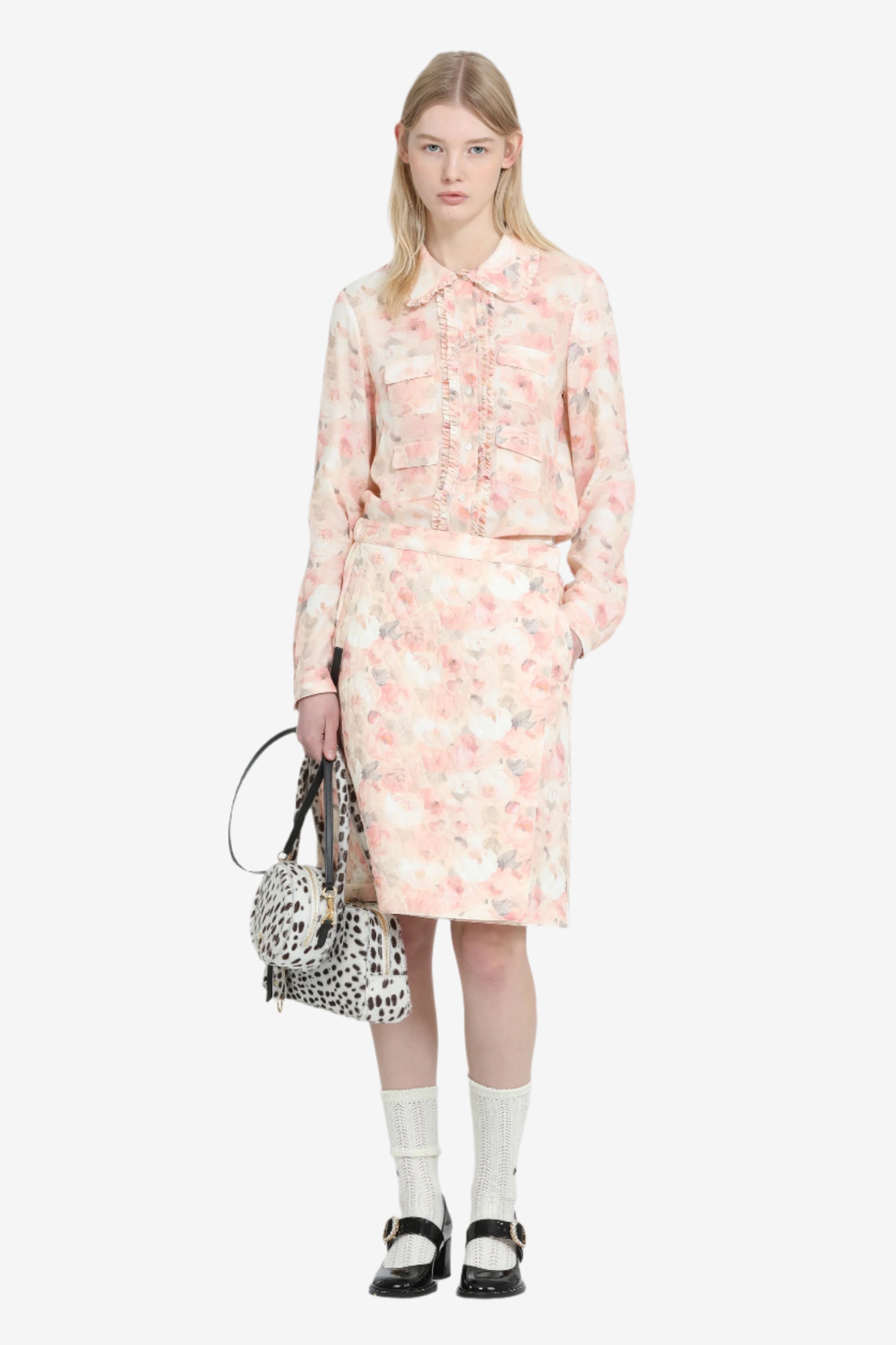 Camicia a fiori con mini rouches e taschine