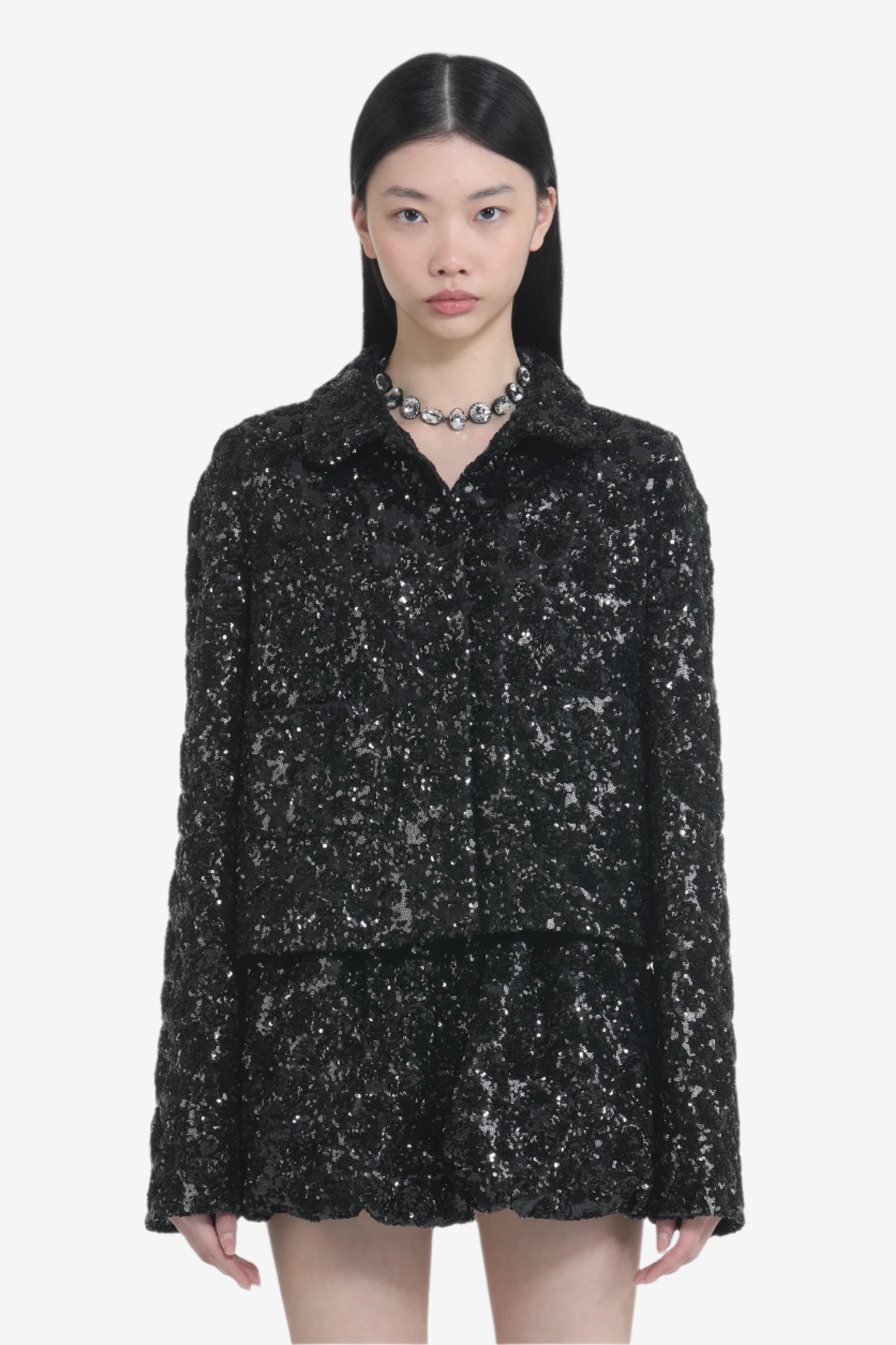 Giacca corta con tessuto paillettes e taschine