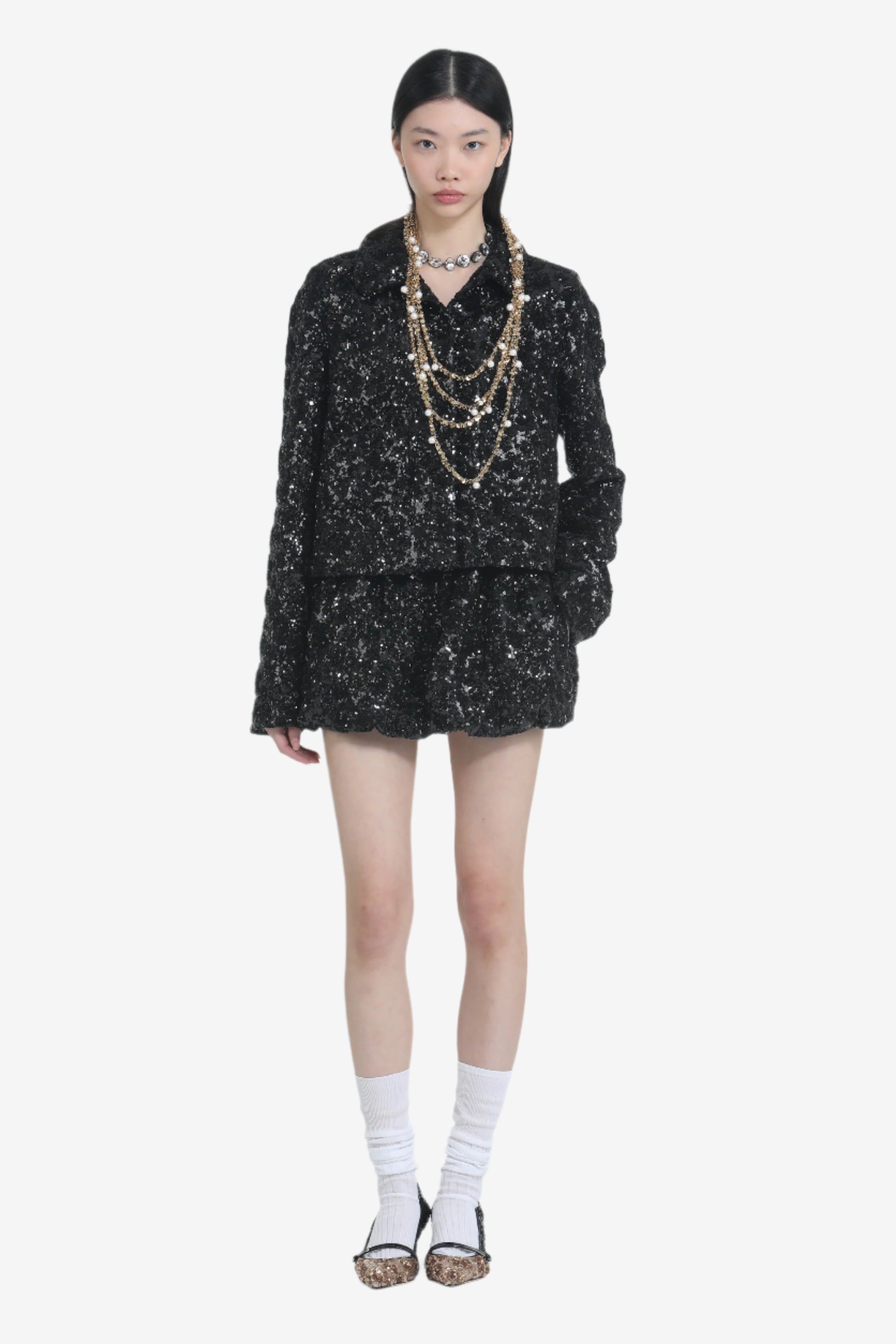 Giacca corta con tessuto paillettes e taschine