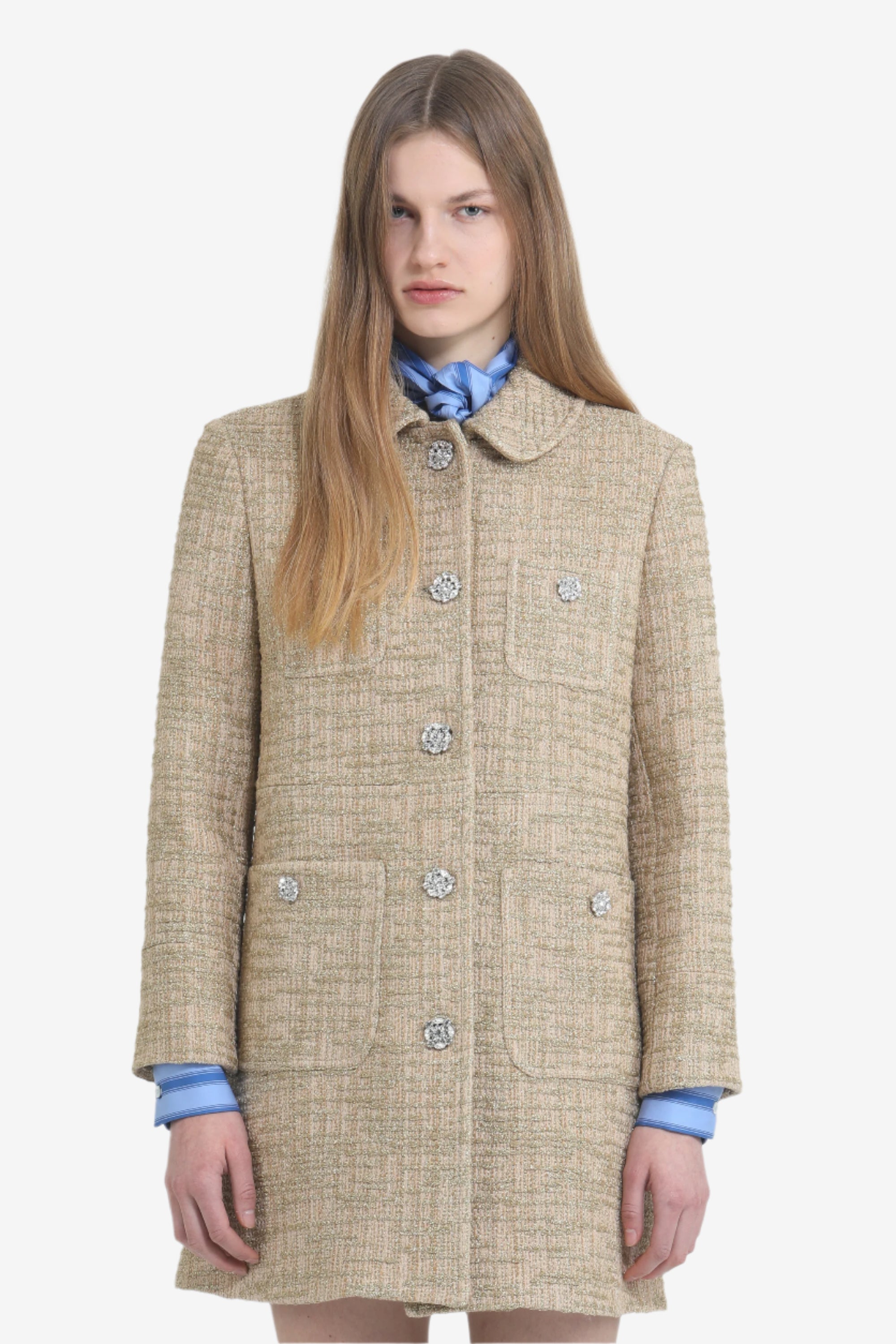 Cappotto corto con bottoni gioiello e colletto arrotondato
