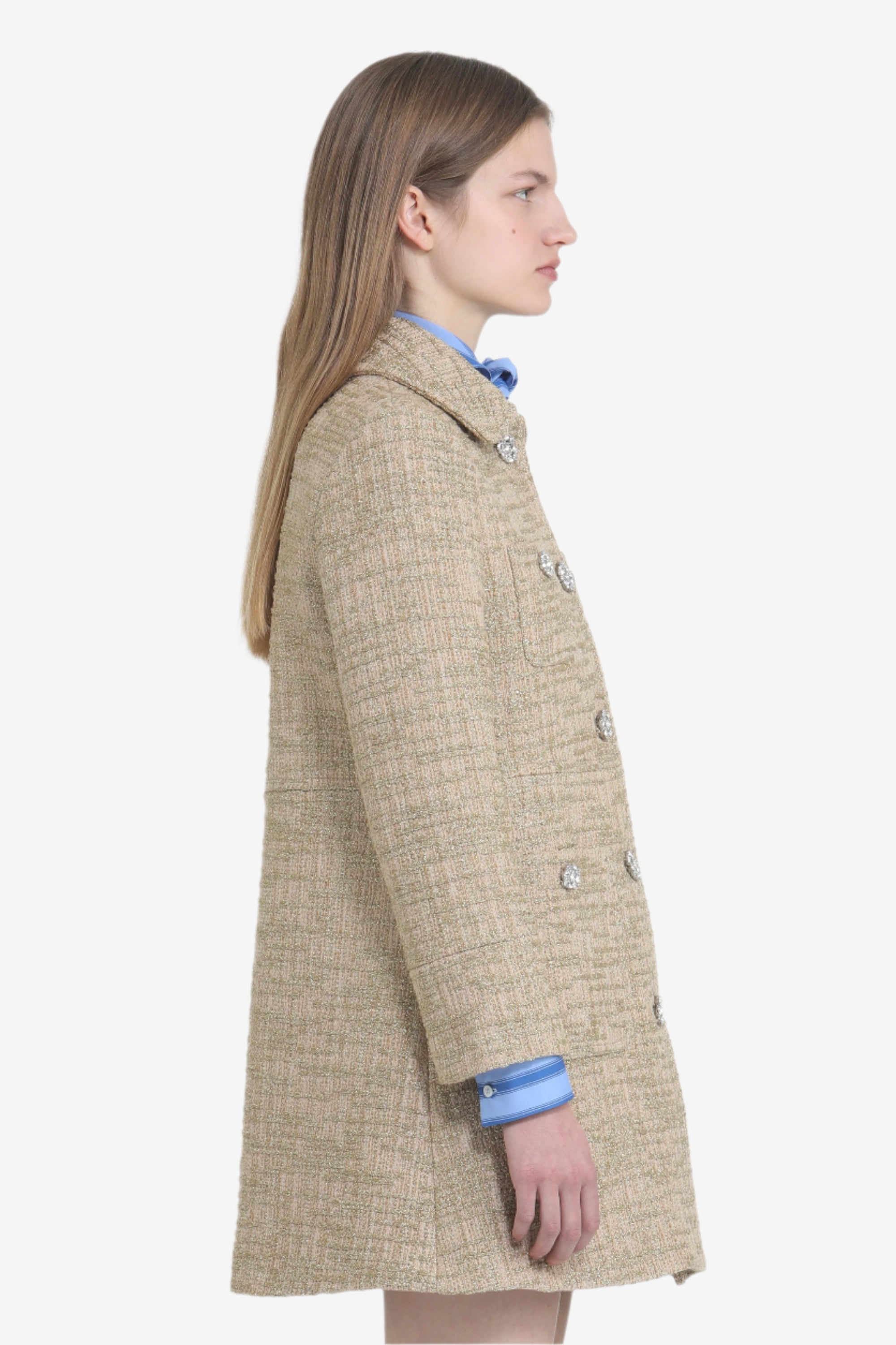 Cappotto corto con bottoni gioiello e colletto arrotondato