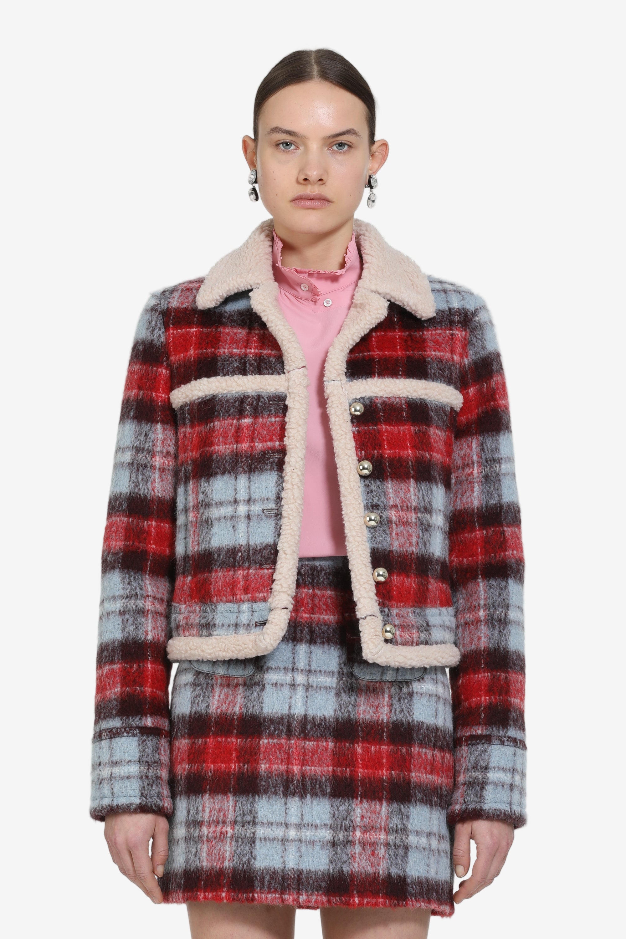 Checked jacket with shearling trim
