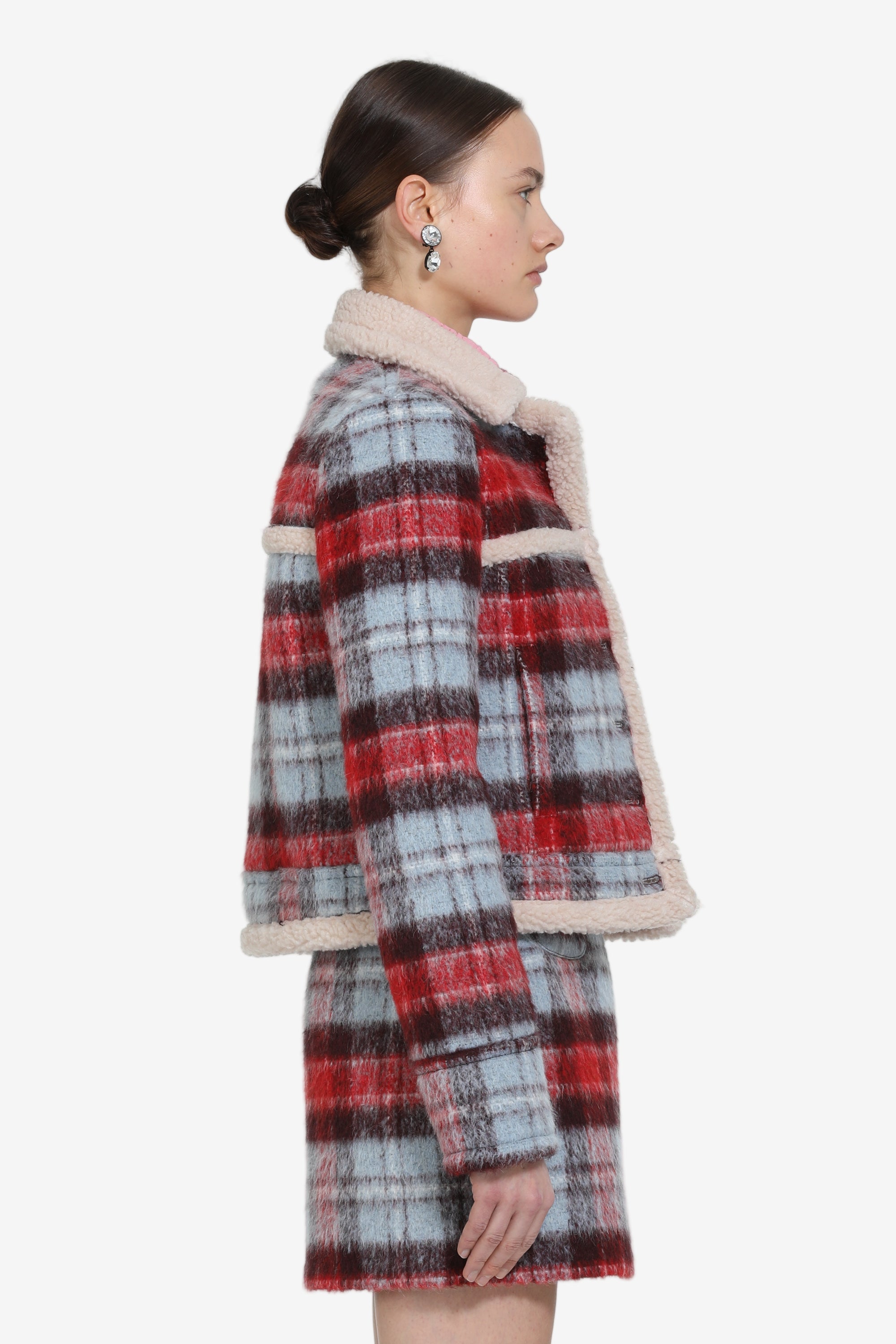 Checked jacket with shearling trim