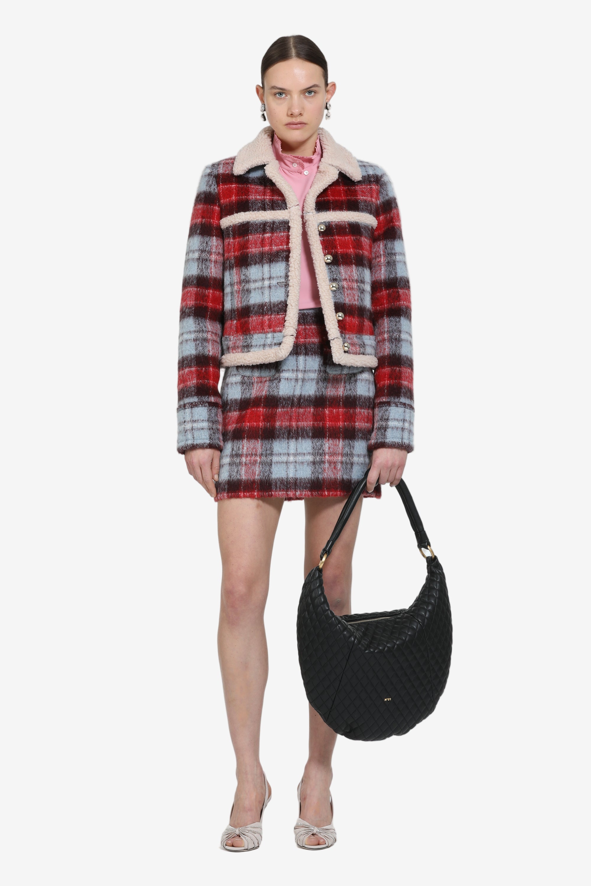 Checked jacket with shearling trim