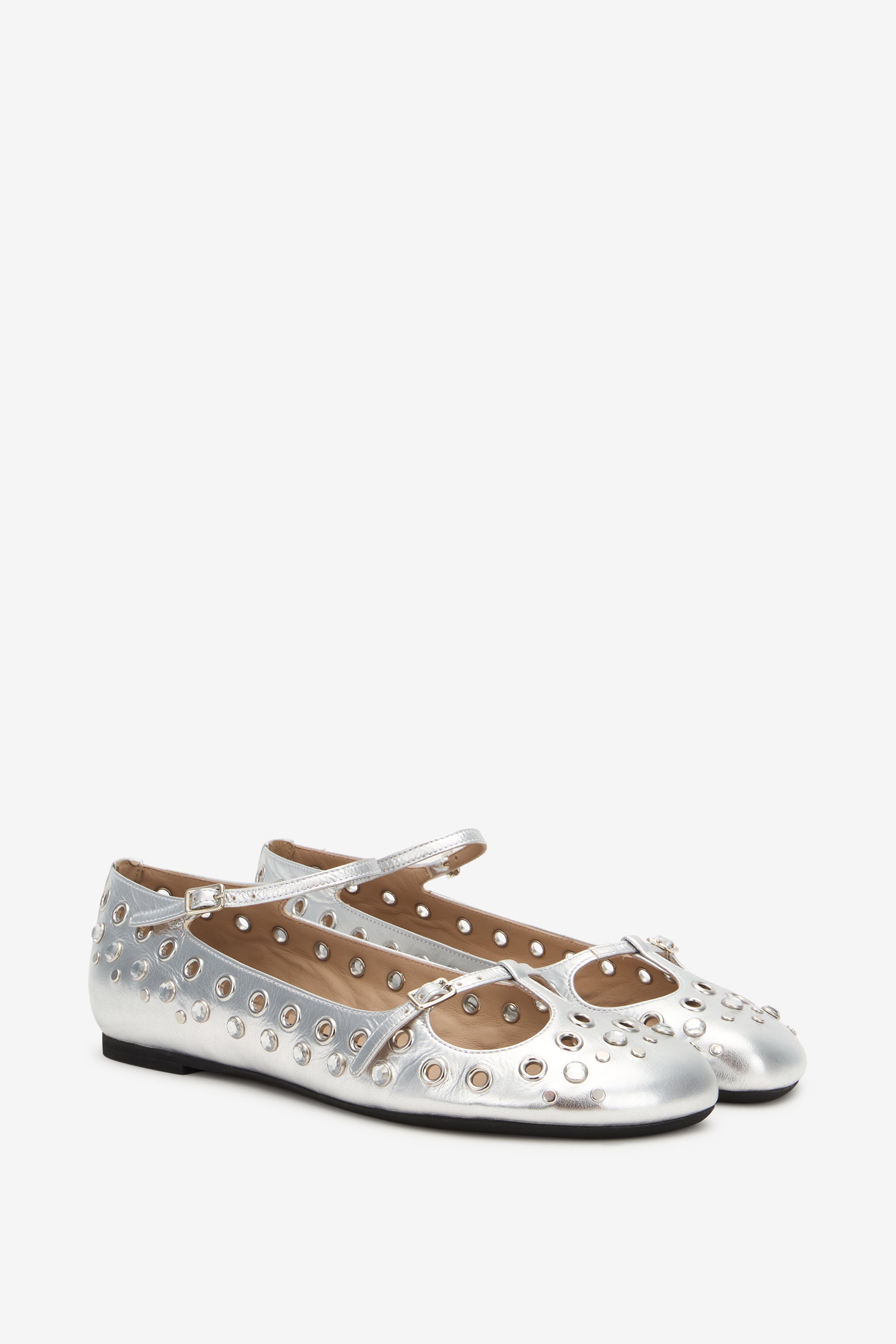 Ballerine punta tonda in pelle laminata con borchie