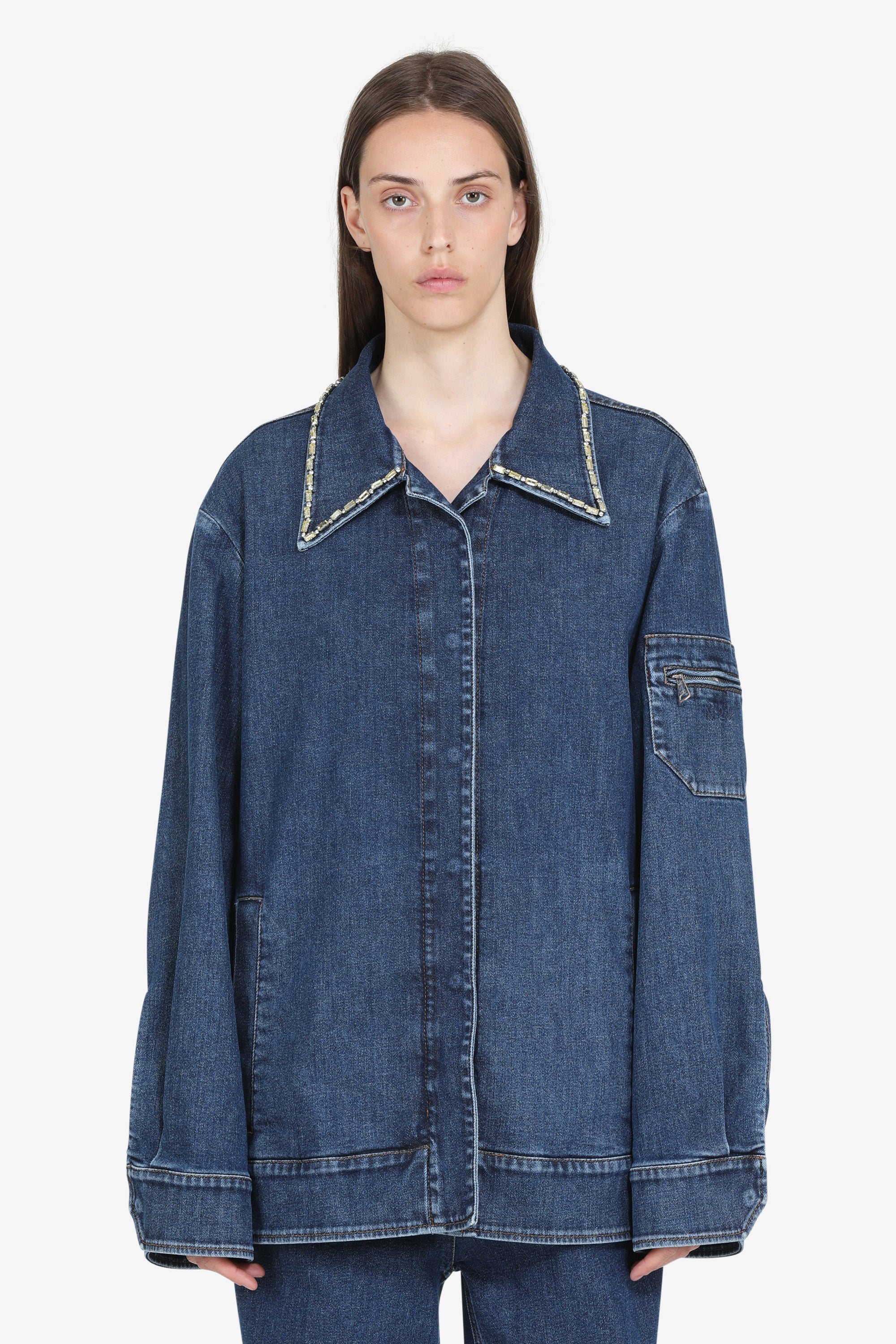 Denim jacket with crystals on the collar