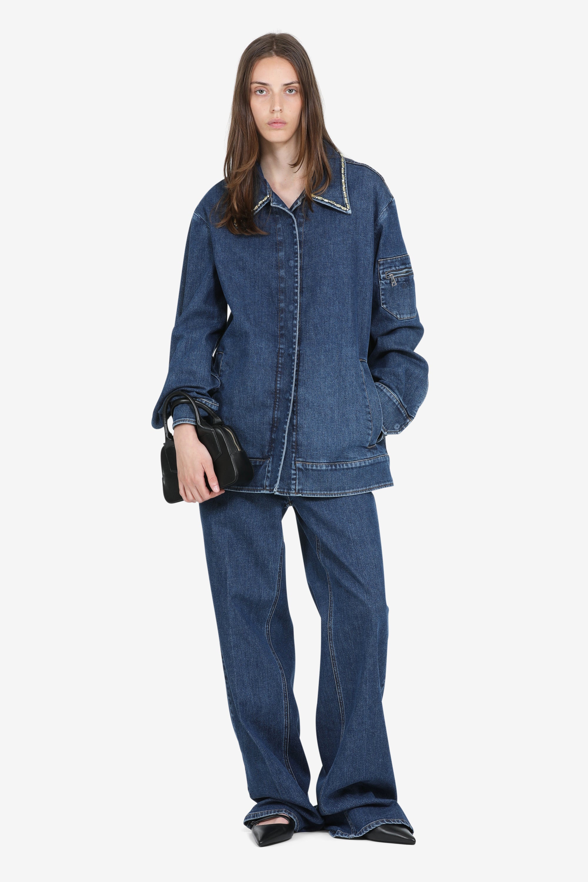 Denim jacket with crystals on the collar