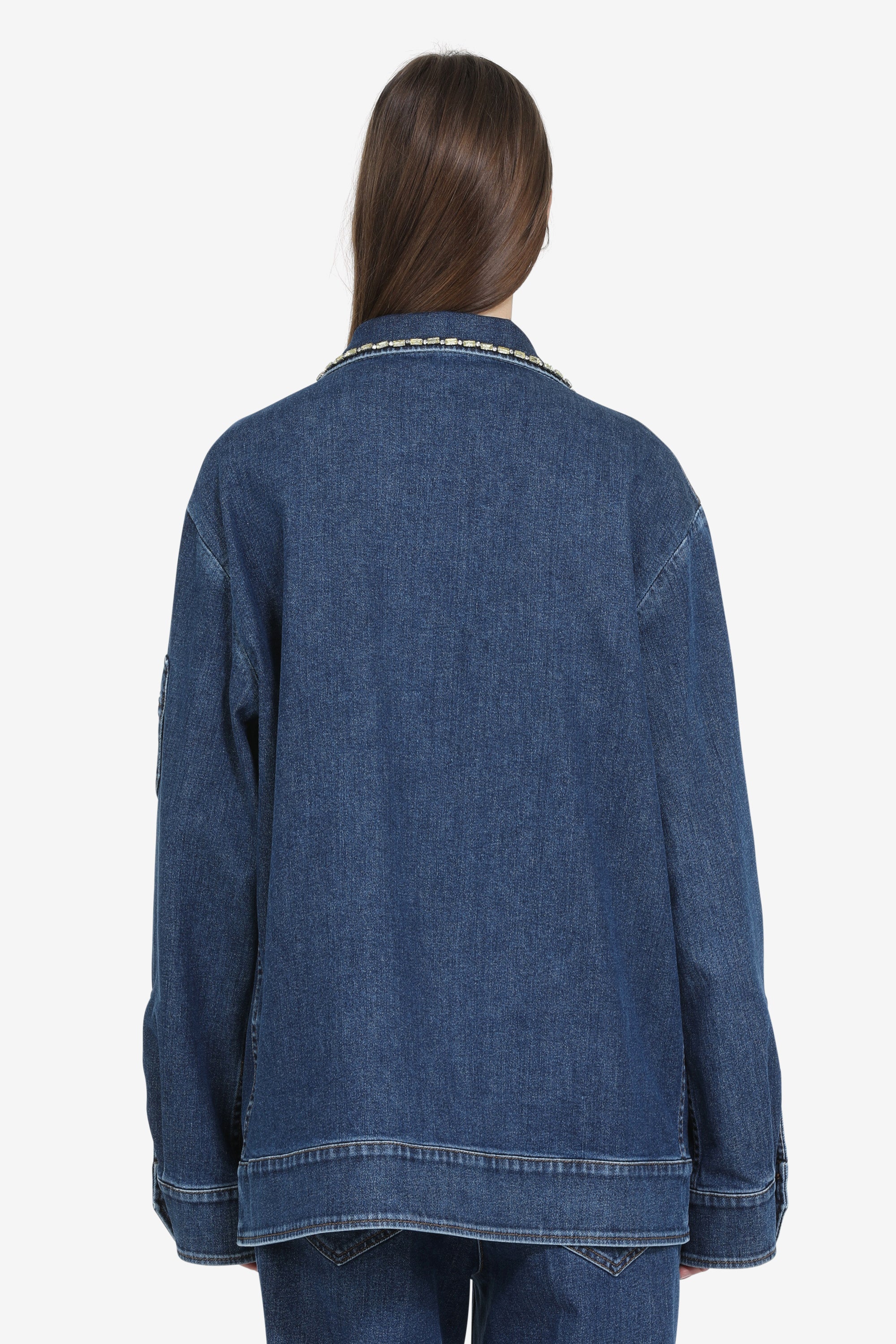 Denim jacket with crystals on the collar