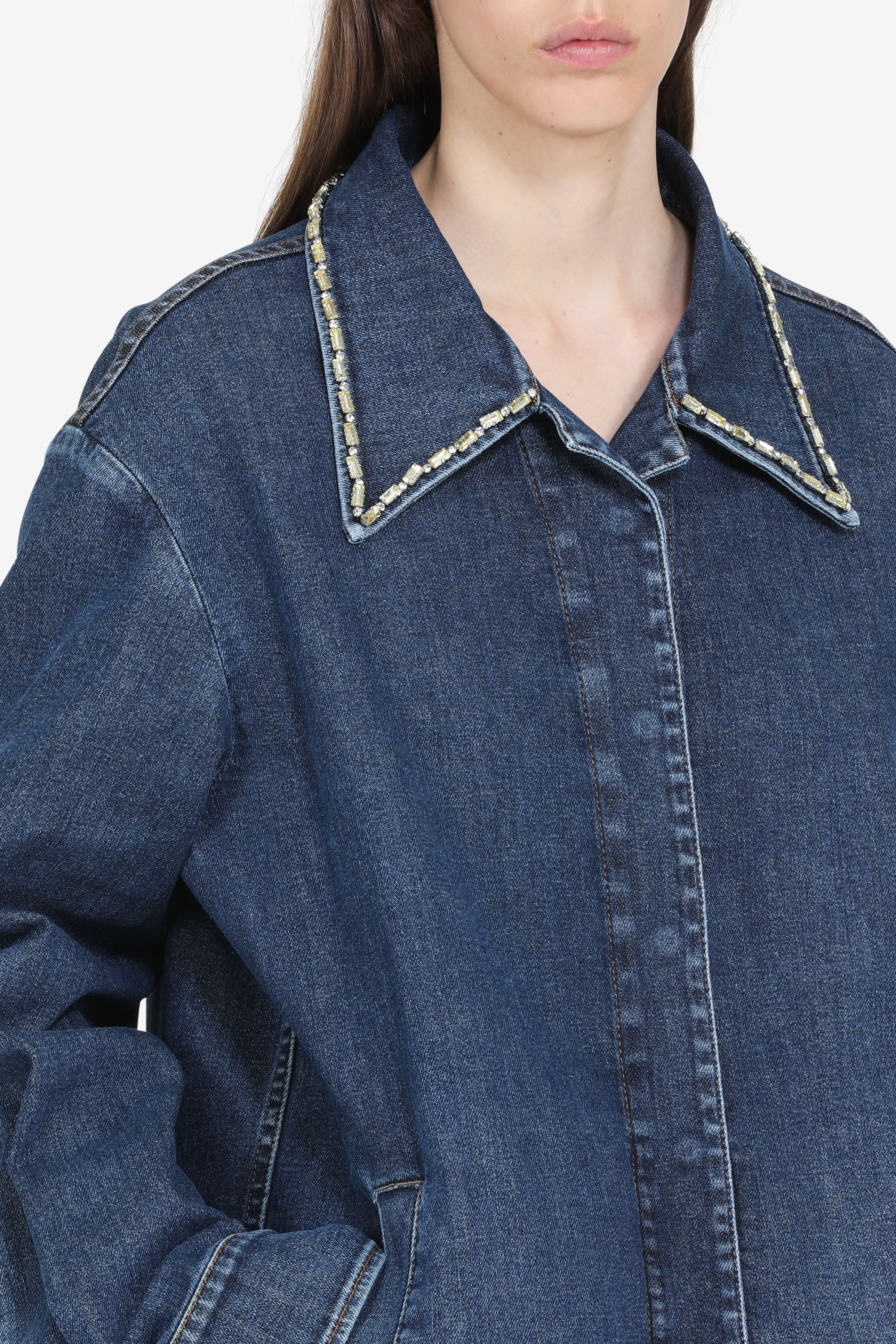 Denim jacket with crystals on the collar
