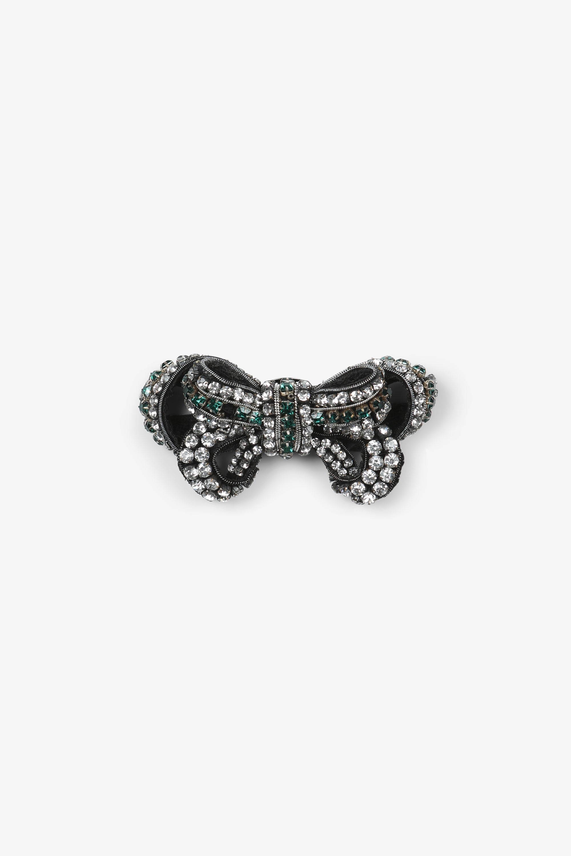 Metal and crystal bow brooch