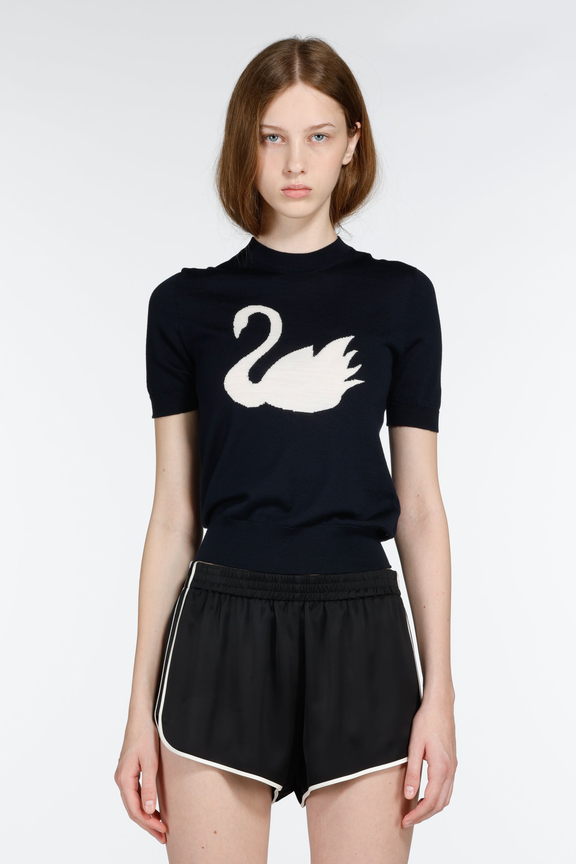 Maglia girocollo a maniche corte con disegno jacquard