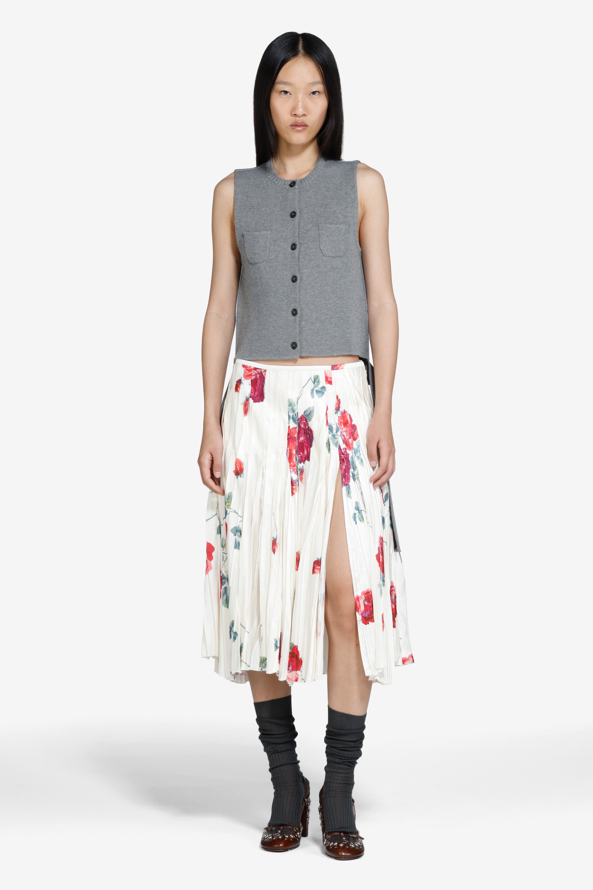 Gonna plissettata con stampa a rose