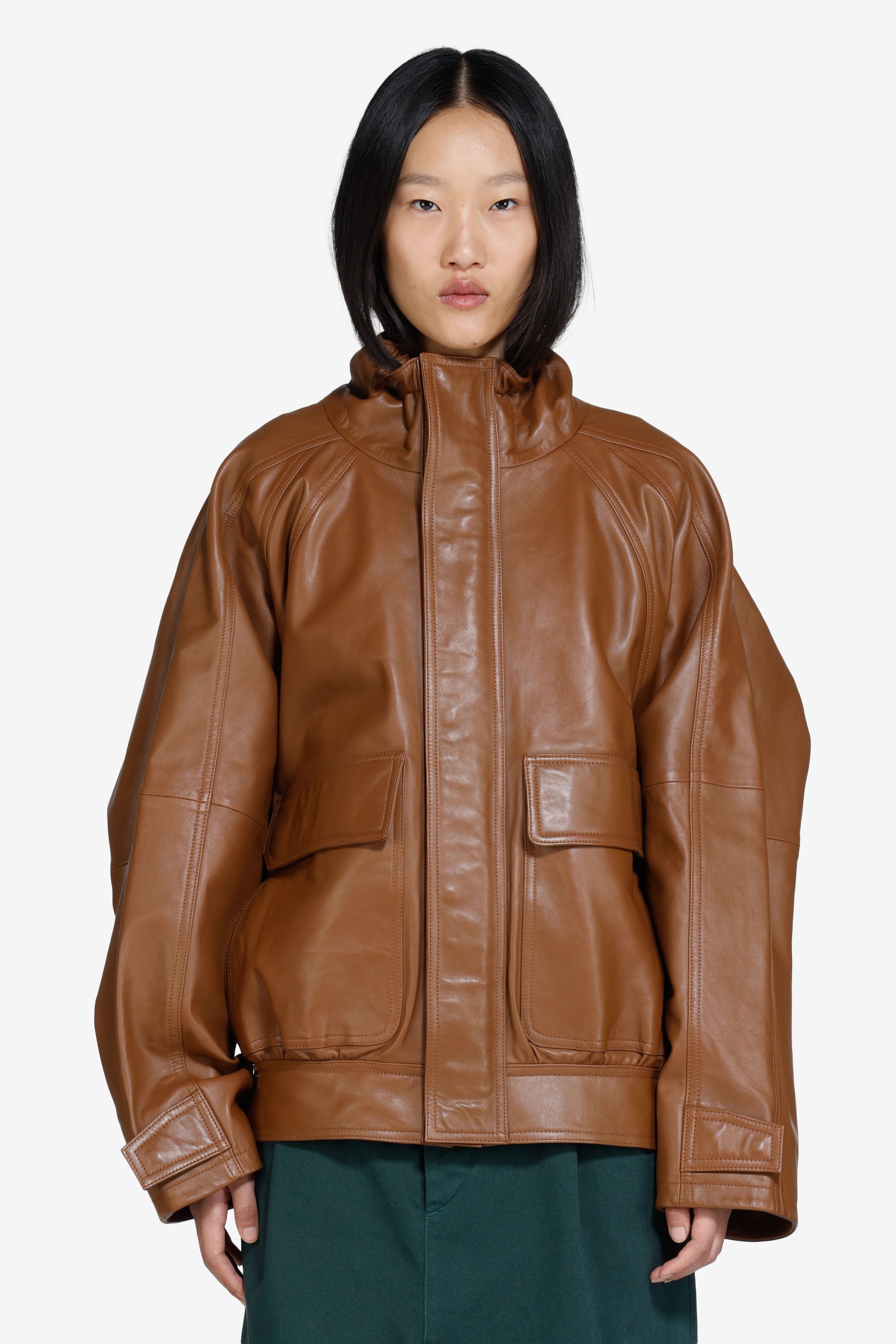 Leather bomber jacket with zip