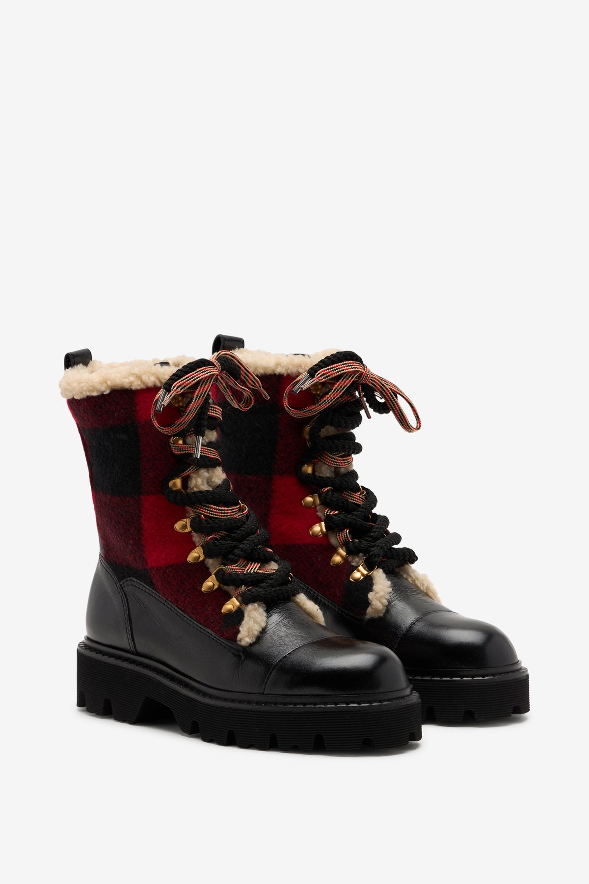 Lace-up leather and check fabric ankle boots