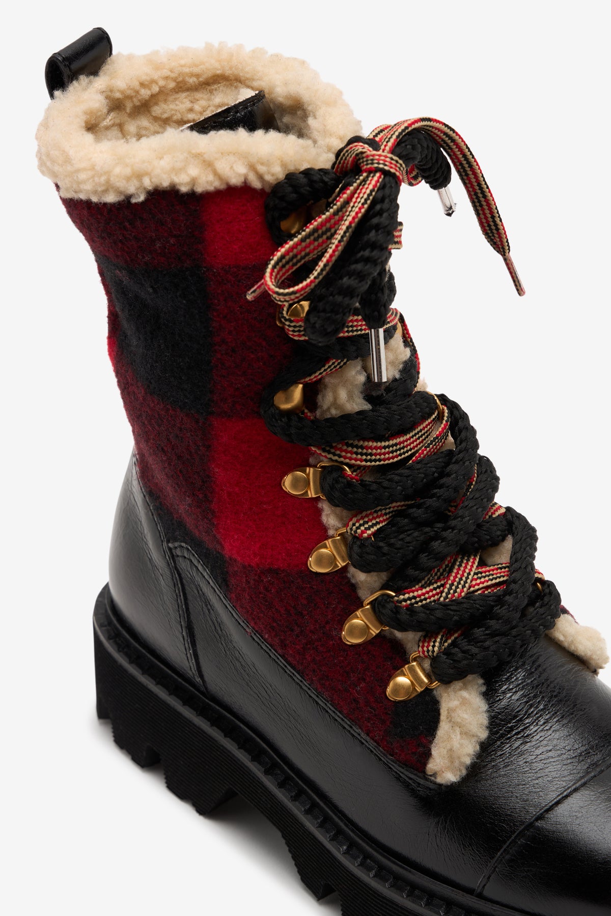 Lace-up leather and check fabric ankle boots