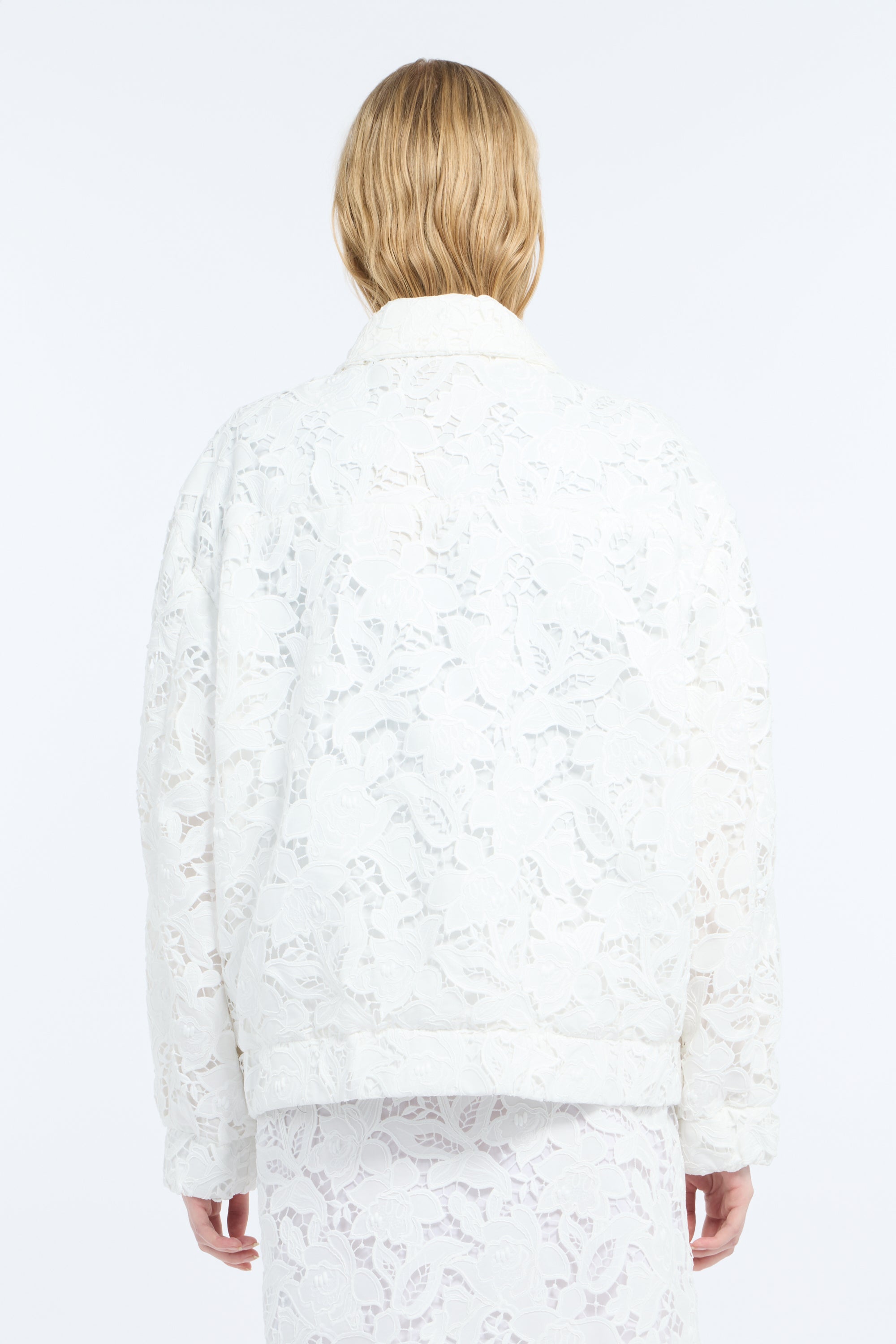 Bomber jacket with rebrodé Sangallo lace overlay
