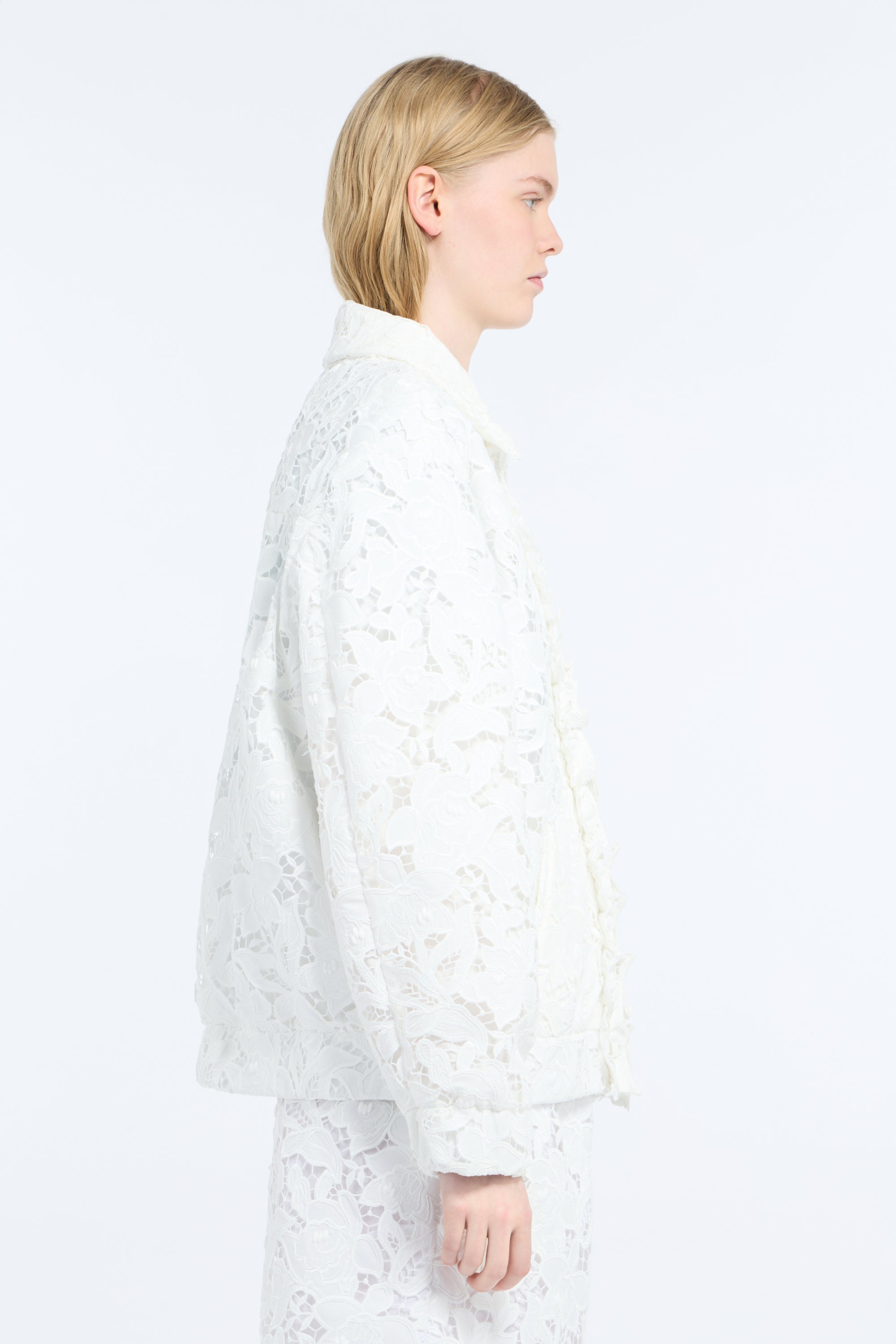 Bomber jacket with rebrodé Sangallo lace overlay