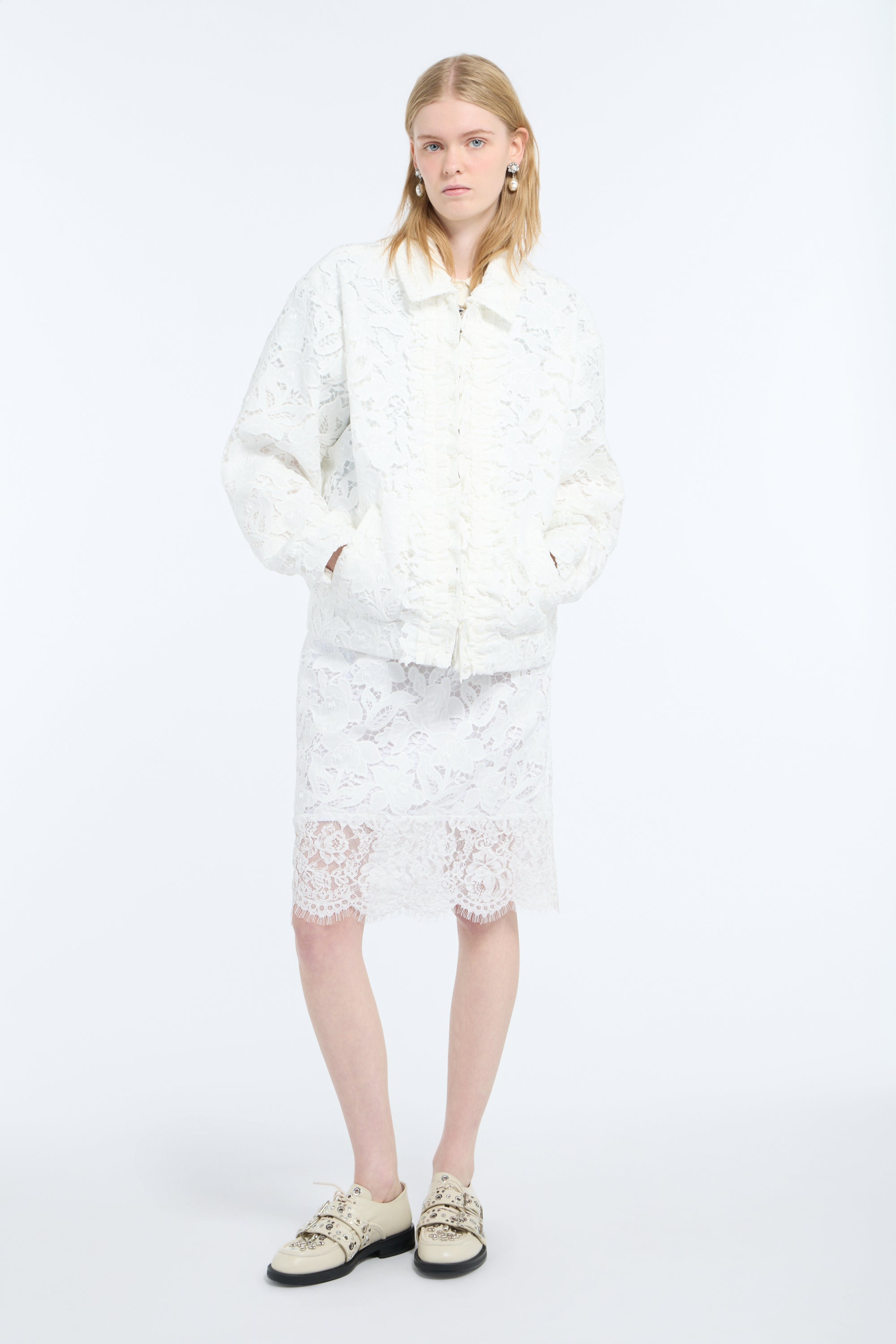 Bomber jacket with rebrodé Sangallo lace overlay