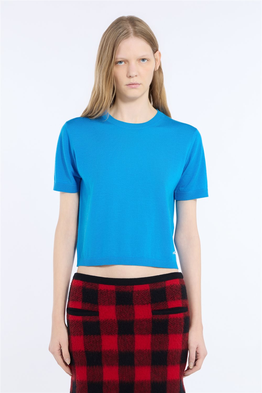 Maglia girocollo cropped in lana a maniche corte