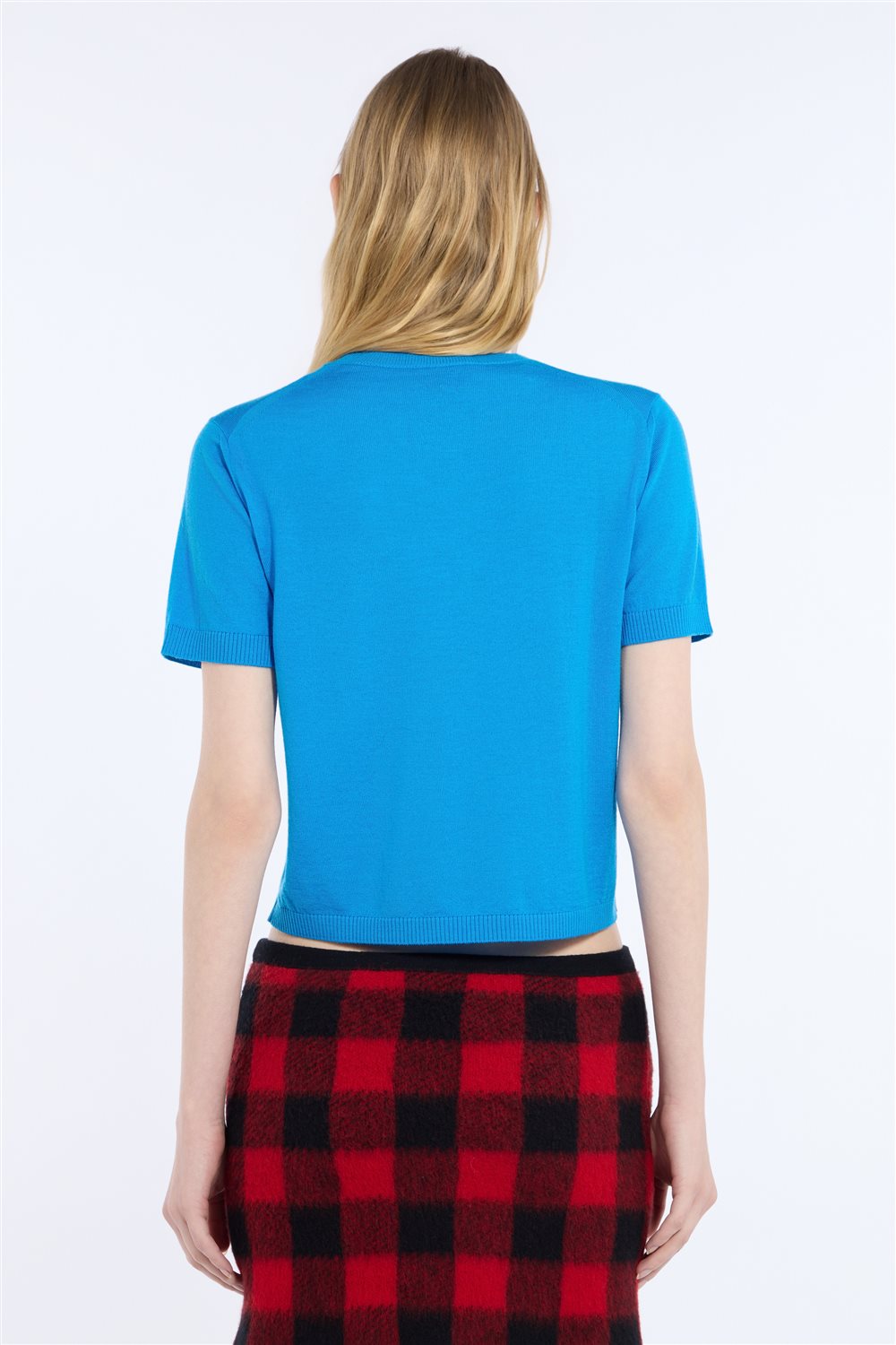 Maglia girocollo cropped in lana a maniche corte