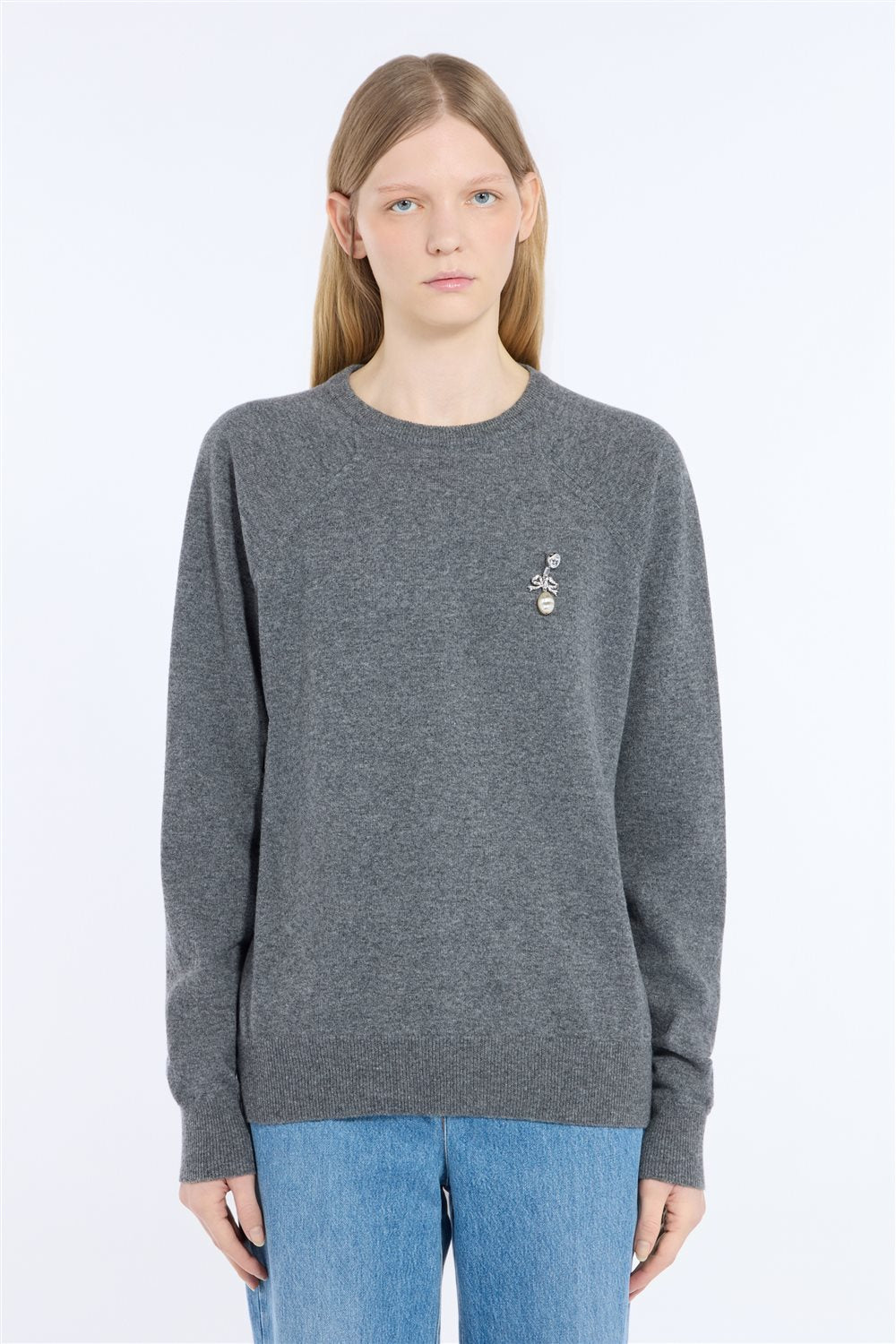 Wool crew-neck sweater with jewel appliqué
